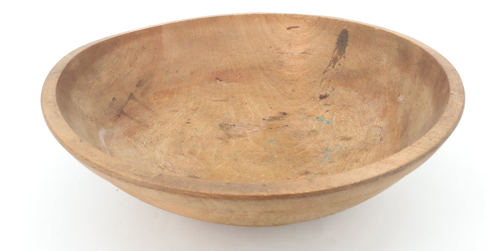 19TH CENTURY WOODEN BUTTER BOWL: TURNED WOODEN BOWL WITH LIP AROUND TOP EDGE - 4 1/2" X 14" X 15" PLEASE READ CAREFULLY - ITEMS MUST BE PAID FOR THROUGH LIVE AUCTIONEERS OR WITH CASH OR CHECK IN PERSON - Terms for Purchasing and