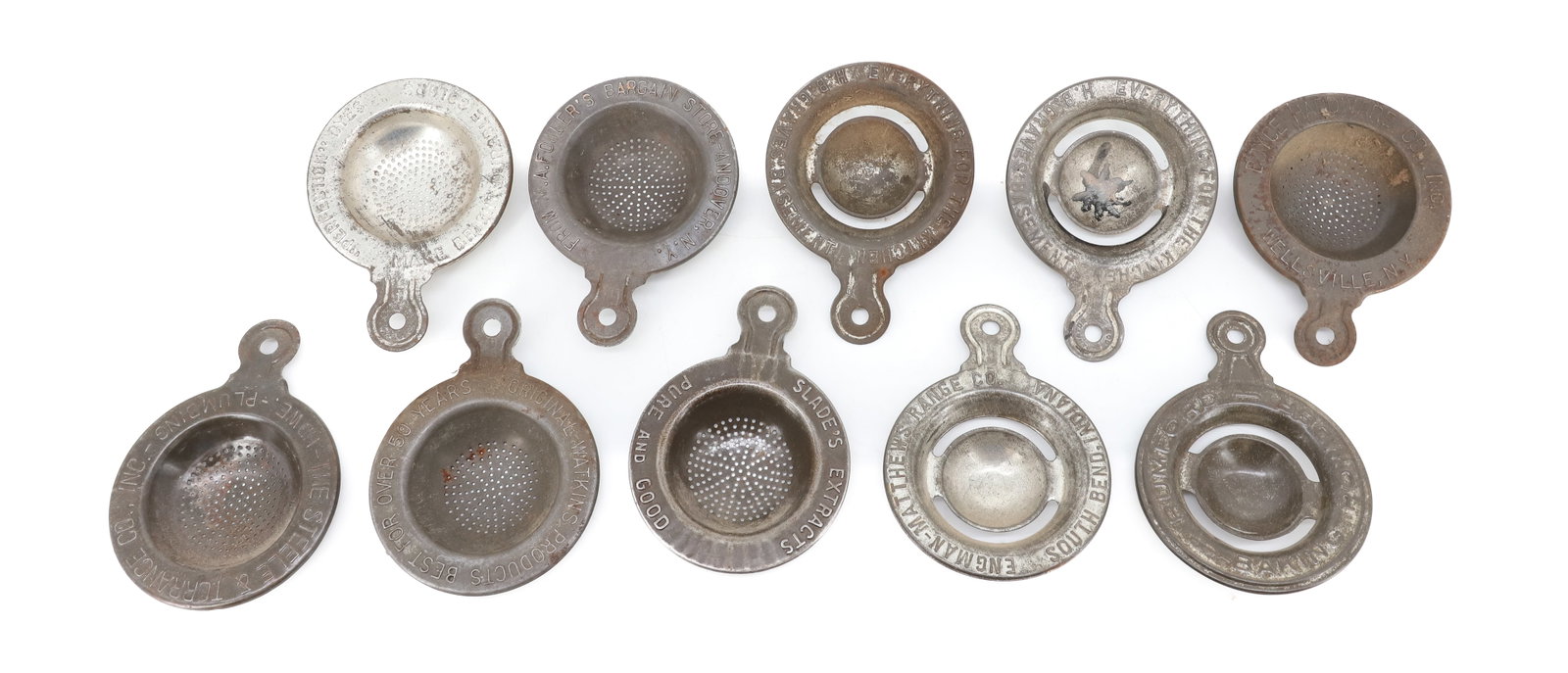 LOT OF (10) ADVERTISING EGG SEPARATORS: TIN SEPARATORS INCLUDING; SLADE'S EXTRACTS, FOWLER'S BARGAIN STORE, RUMFORD BAKING POWDER, ENGMAN-MATTHEWS RANGE CO. GRAVES' BASEMENT, WATKIN'S PRODUCTS, BOYCE HARDWARE, AND MORE PLEASE READ
