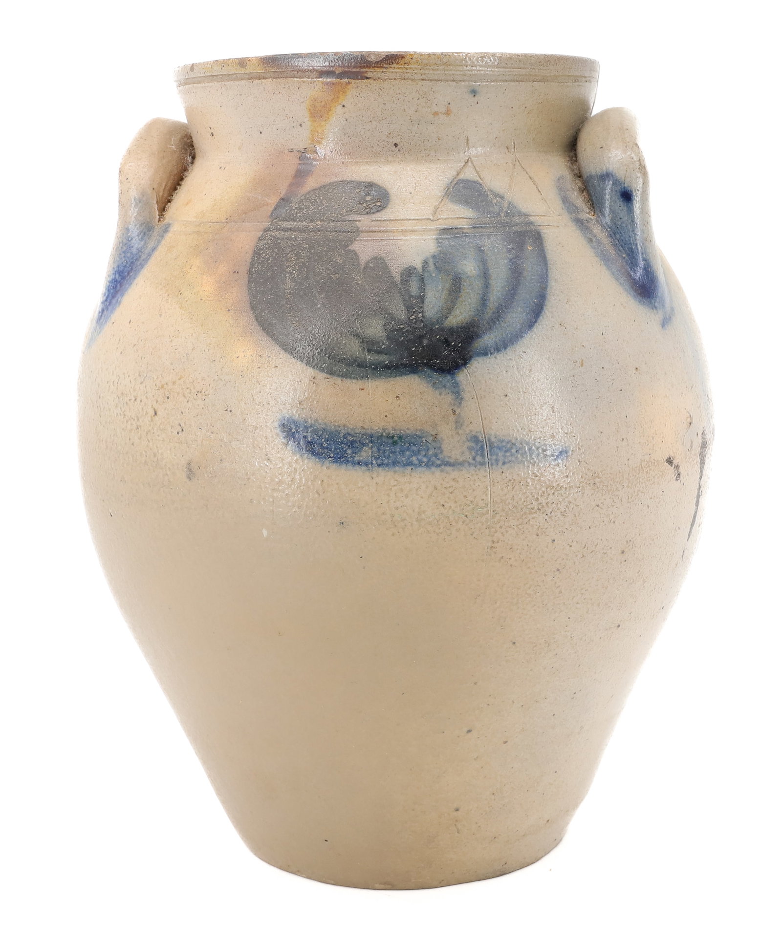 BLUE DECORATED OVOID JAR: BLUE FLORAL ON EITHER SIDE, INCISED "M" AT TOP - 10" H PLEASE READ CAREFULLY - ITEMS MUST BE PAID FOR THROUGH LIVE AUCTIONEERS OR WITH CASH OR CHECK IN PERSON - Terms for Purchasing and Shipping of