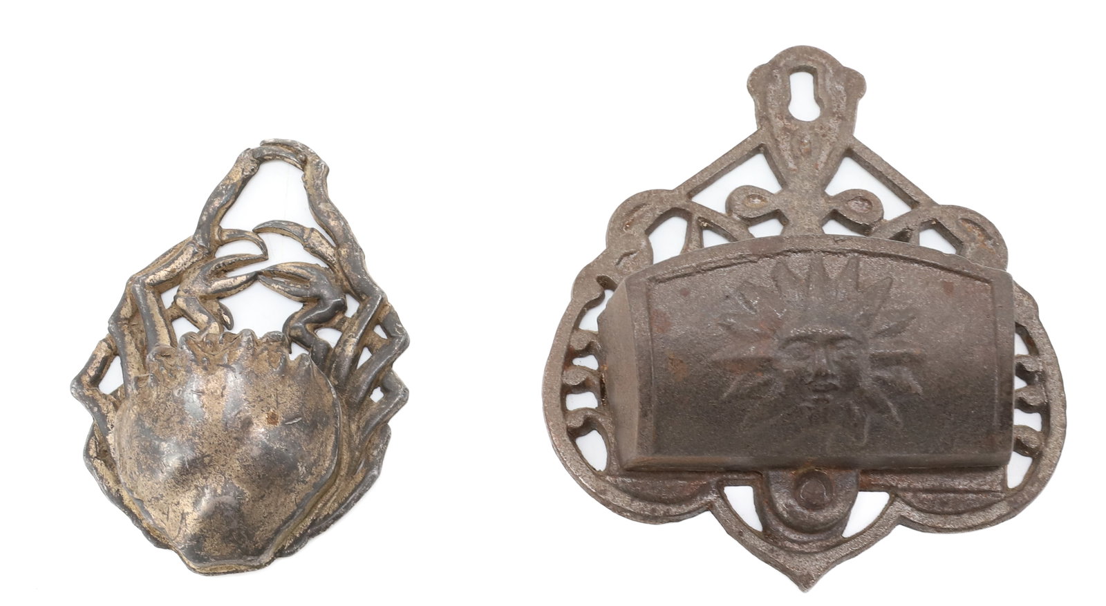 (2) CAST IRON WALL MOUNT MATCH HOLDERS: VICTORIAN ERA, LARGER HAS SUN WITH FACE ON FRONT, 4 1/4" X 3 1/4" PLEASE READ CAREFULLY - ITEMS MUST BE PAID FOR THROUGH LIVE AUCTIONEERS OR WITH CASH OR CHECK IN PERSON - Terms for Purchasing and
