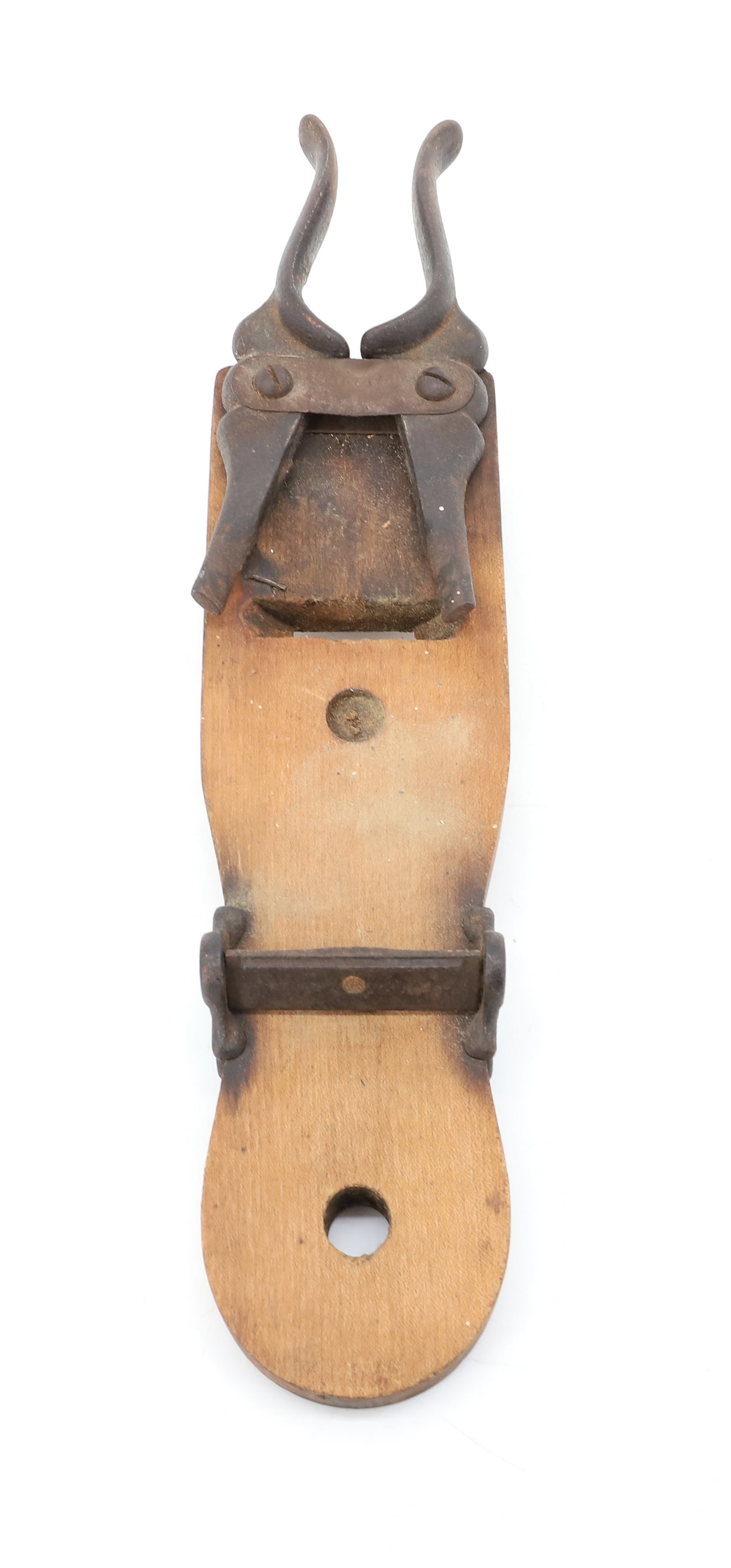 WOOD AND CAST IRON BOOTJACK: COUNTRY BOOTJACK WITH ADJUSTABLE FRONT. 14 3/4" L. PLEASE READ CAREFULLY - ITEMS MUST BE PAID FOR THROUGH LIVE AUCTIONEERS OR WITH CASH OR CHECK IN PERSON - Terms for Purchasing and Shipping of