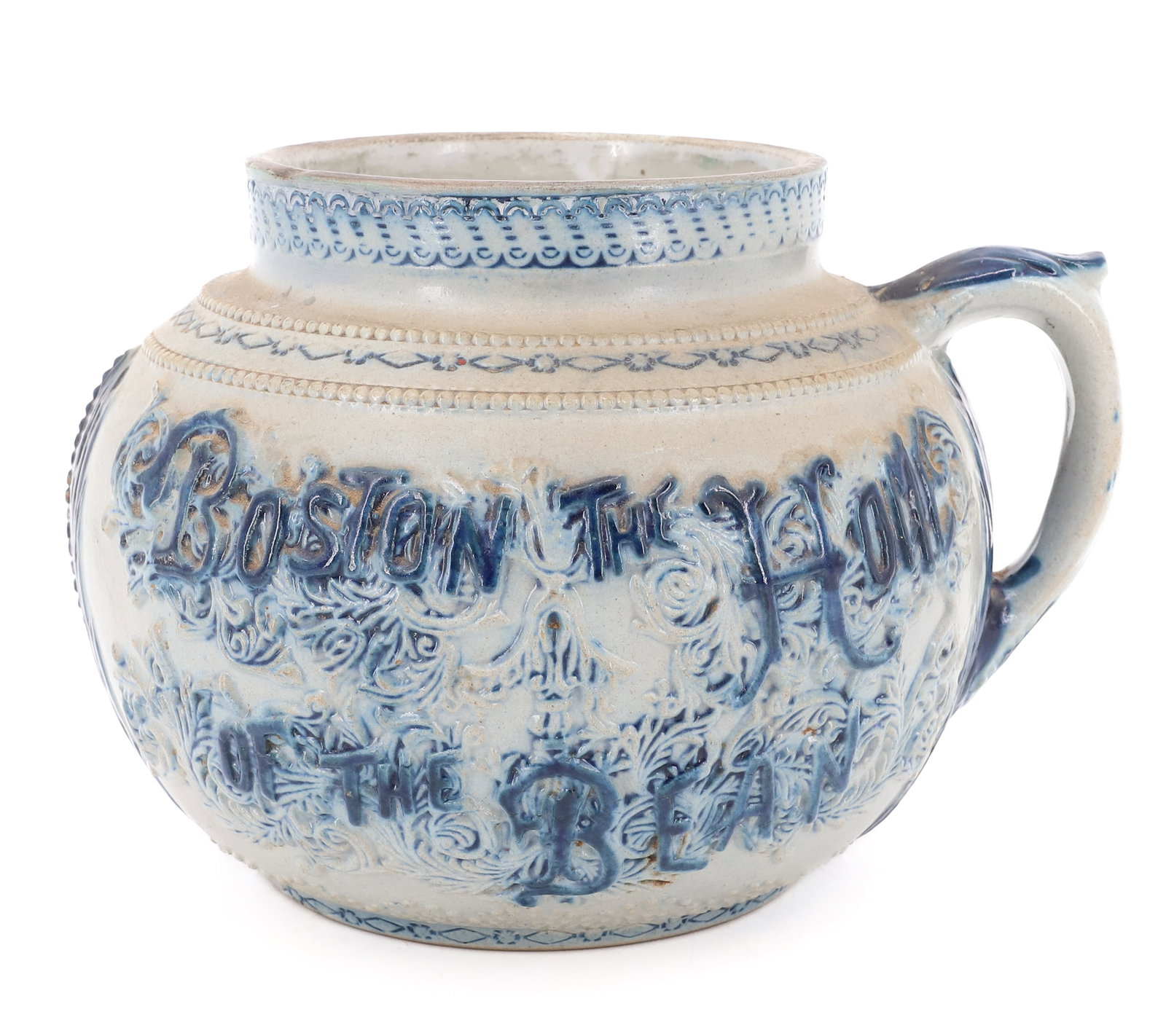 WHITES UTICA BEAN POT: STONEWARE BEAN POT MRKD. "SPIRIT OF '76, BUNKER HILL" AND "BOSTON THE HOME OF THE BEAN". 5 1/2" X 8". PLEASE READ CAREFULLY - ITEMS MUST BE PAID FOR THROUGH LIVE AUCTIONEERS OR WITH CASH OR CHECK IN