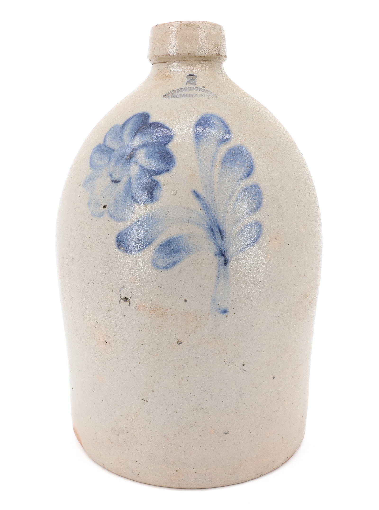ELMIRA, NY BLUE DECORATED JUG: BLUE FLORAL. TWO-GALLON MRKD. "FARRINGTON & CO., ELMIRA, NY" 13 1/2" H. PLEASE READ CAREFULLY - ITEMS MUST BE PAID FOR THROUGH LIVE AUCTIONEERS OR WITH CASH OR CHECK IN PERSON - Terms for Purchasing
