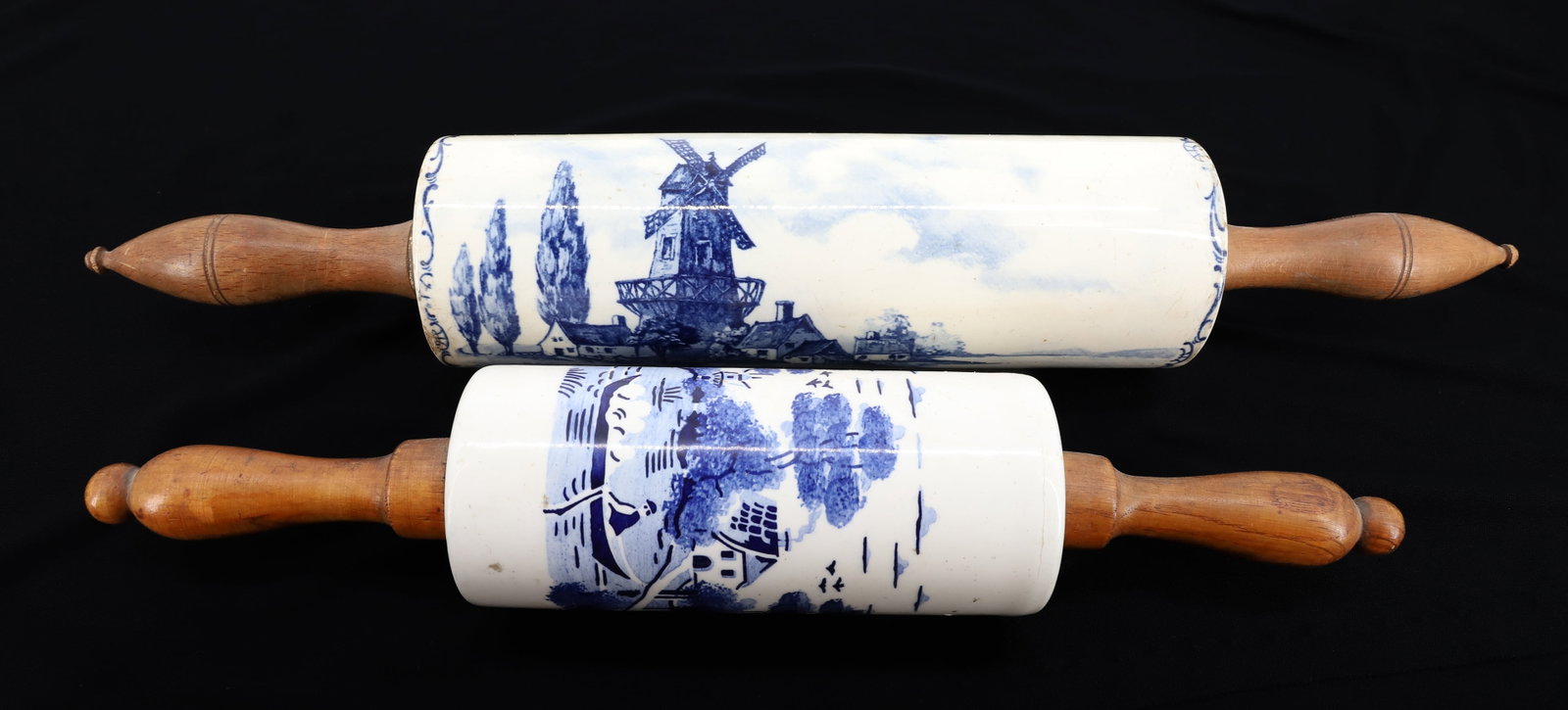 (2) BLUE AND WHITE DELFT MOTIF ROLLING PINS: SMALLER STAMPED; GERMANY - 14" AND 18 1/2" L PLEASE READ CAREFULLY - ITEMS MUST BE PAID FOR THROUGH LIVE AUCTIONEERS OR WITH CASH OR CHECK IN PERSON - Terms for Purchasing and Shipping of Auction Item
