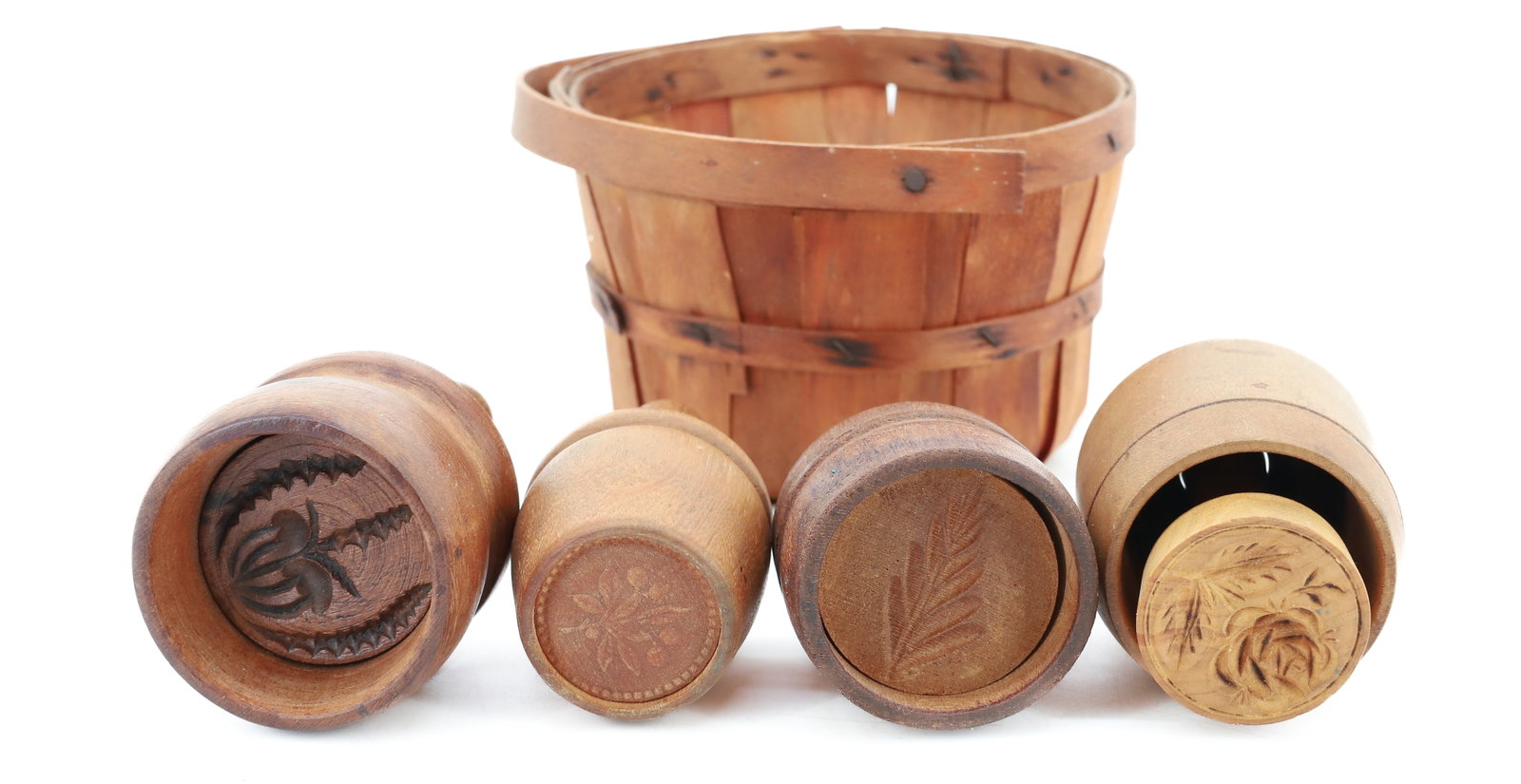LOT OF MINIATURE WOODEN BUTTER STAMPS: (4) INCLUDING; FLORAL MOTIFS - LARGEST 3 1/2" X 1 7/8" - WITH SMALL HANDLED BASKET 2 3/4" X 4 1/4" PLEASE READ CAREFULLY - ITEMS MUST BE PAID FOR THROUGH LIVE AUCTIONEERS OR WITH CASH OR CHECK IN PERS