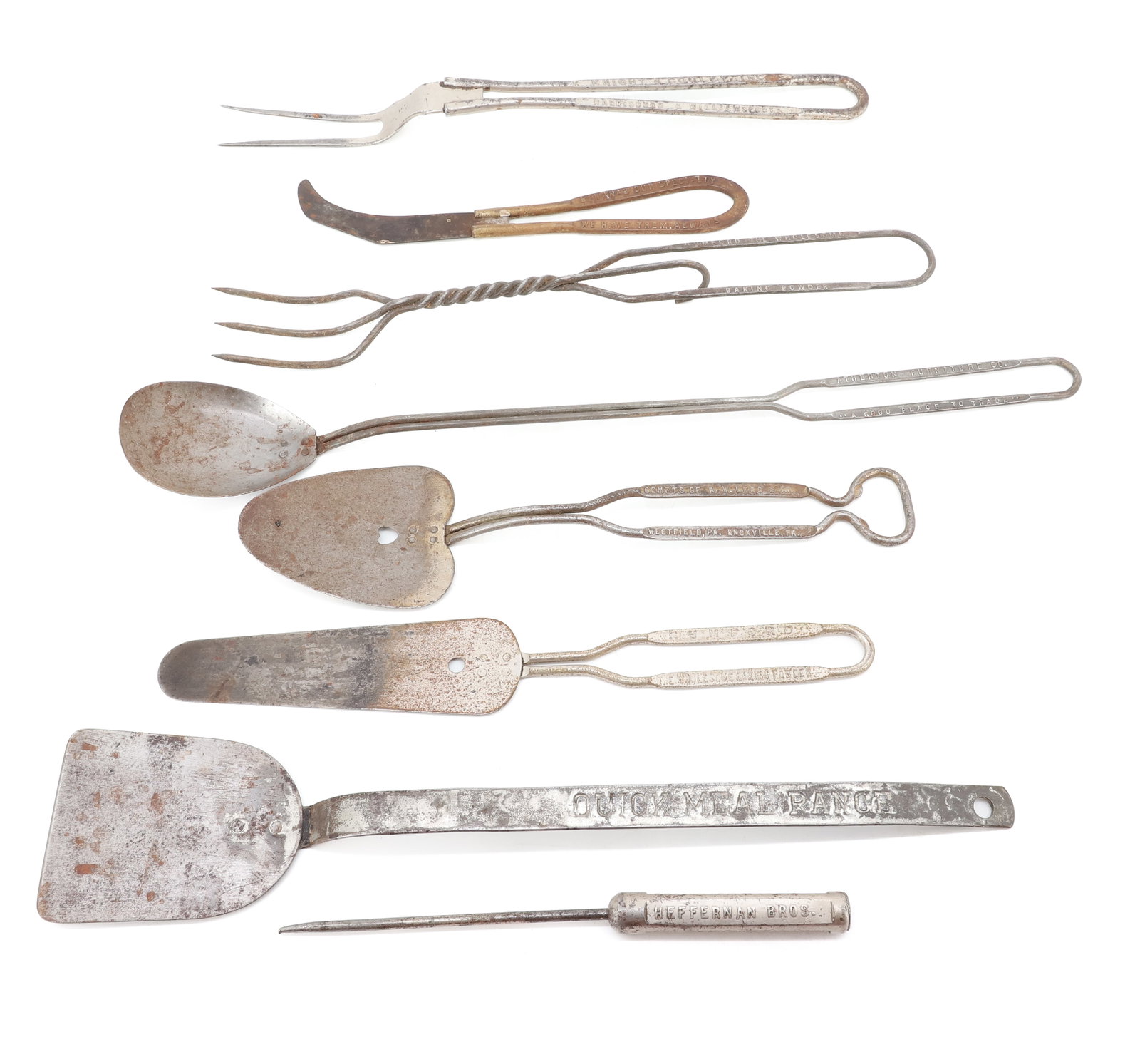 LOT OF ADVERTISING KITCHEN UTENSILS: INCLUDINGS; FORKS, SPATULAS, SPREADERS, AND MORE - ADVERTISING; WATER ICE, BANANAS, FURNITURE, RANGES, AND MORE - LARGEST 16" PLEASE READ CAREFULLY - ITEMS MUST BE PAID FOR THROUGH LIVE AUCTIONEERS OR