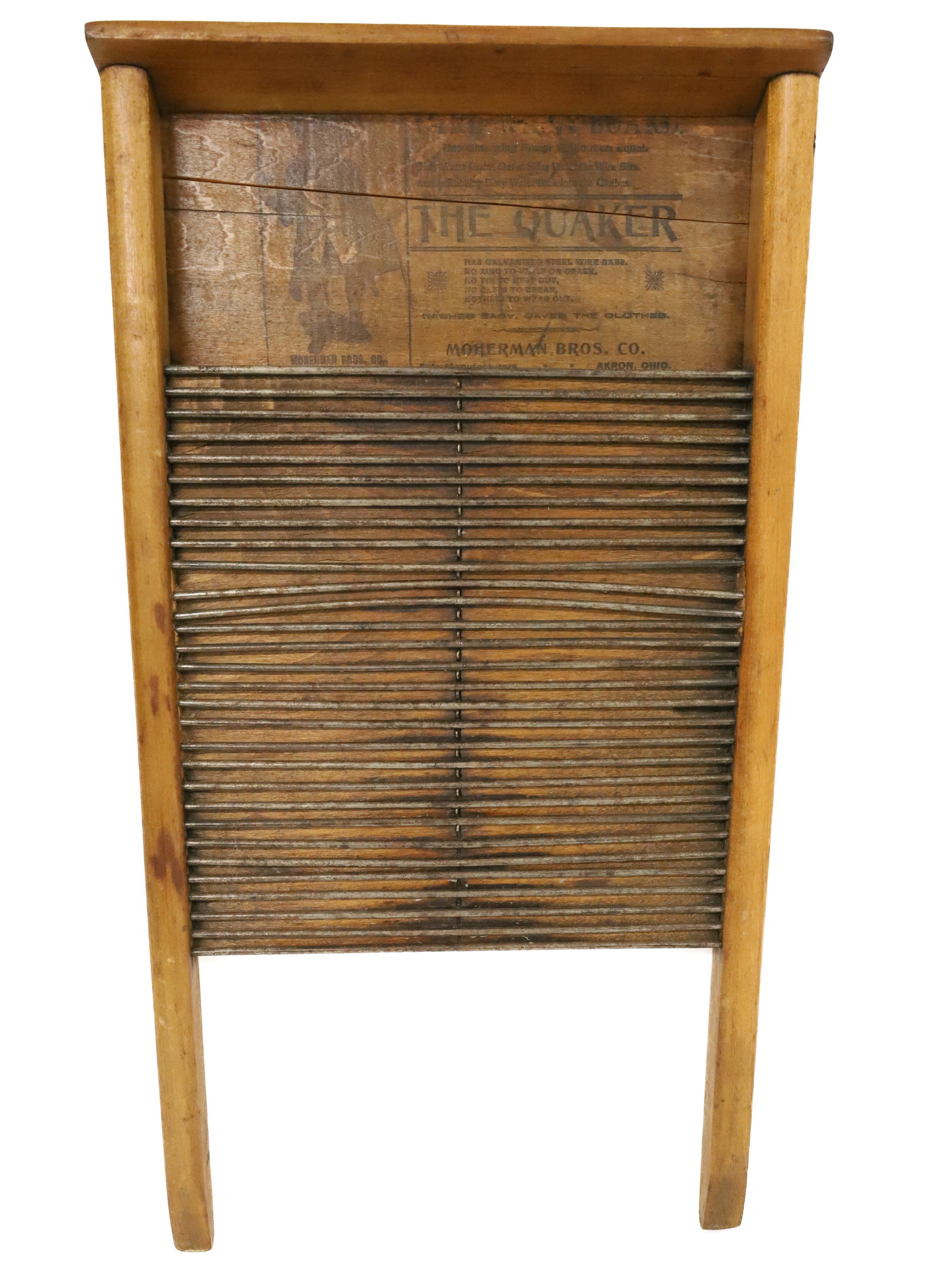 UNUSUAL WASHBOARD: "THE QUAKER" - METAL RODS IN WOODEN FRAMEWORK "AKRON, OHIO" 23 1/2" PLEASE READ CAREFULLY - ITEMS MUST BE PAID FOR THROUGH LIVE AUCTIONEERS OR WITH CASH OR CHECK IN PERSON - Terms for Purchasing and S