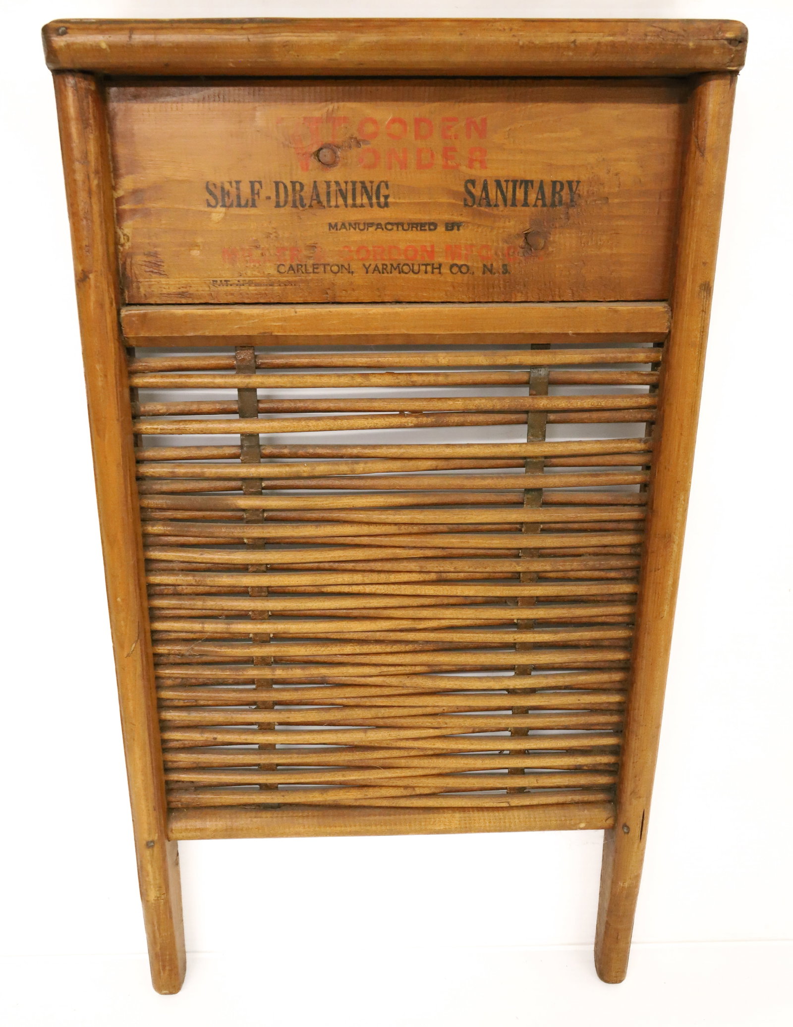 UNUSUAL WOODEN WASHBOARD: MARKED; WOODEN WONDER WITH WOVEN DOWELS - 23 1/4" X 13 1/4" PLEASE READ CAREFULLY - ITEMS MUST BE PAID FOR THROUGH LIVE AUCTIONEERS OR WITH CASH OR CHECK IN PERSON - Terms for Purchasing and Shipping