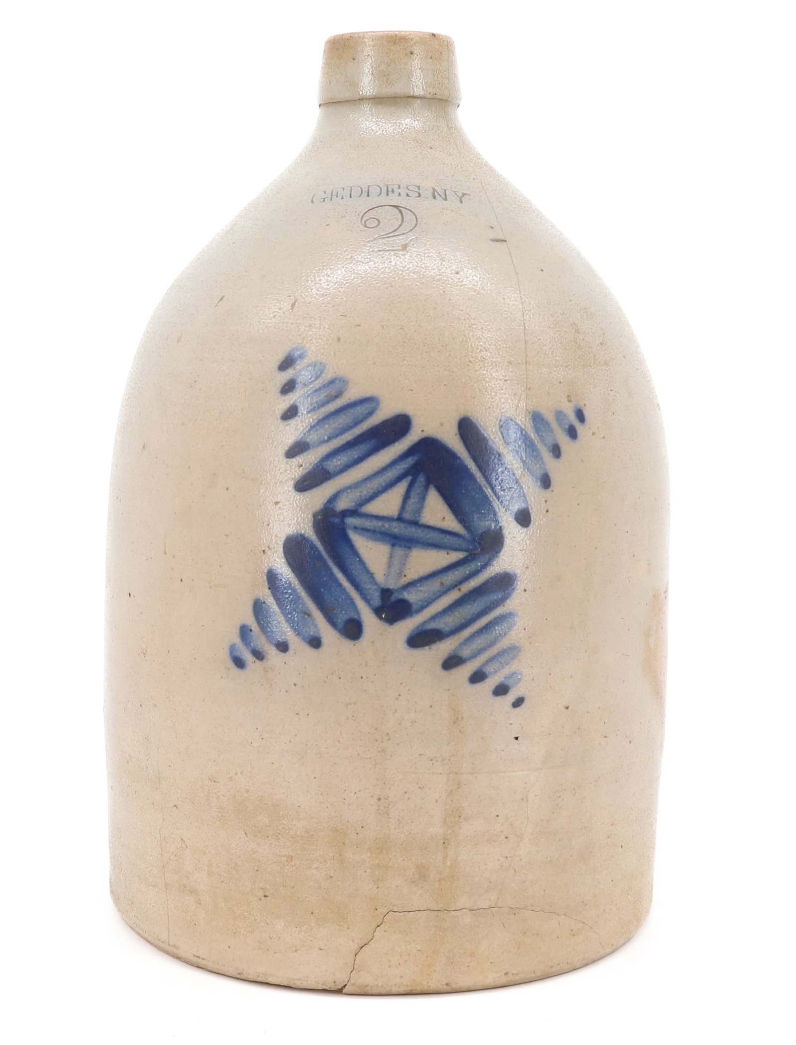 2 GALLON BLUE DECORATED STONEWARE JUG: UNUSUAL BLUE DECORATION - IMPRESSED GEDDES, NY #2 - 13 3/1" H PLEASE READ CAREFULLY - ITEMS MUST BE PAID FOR THROUGH LIVE AUCTIONEERS OR WITH CASH OR CHECK IN PERSON - Terms for Purchasing and