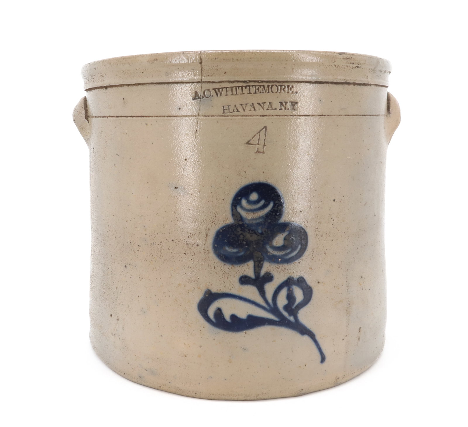 HAVANA, NY BLUE DECORATED STONEWARE CROCK: BLUE FLORAL DESIGN, IMPRESSED; A. O. WHITTEMORE #4 - 10 1/2" X 11 1/2" PLEASE READ CAREFULLY - ITEMS MUST BE PAID FOR THROUGH LIVE AUCTIONEERS OR WITH CASH OR CHECK IN PERSON - Terms for Purchasing