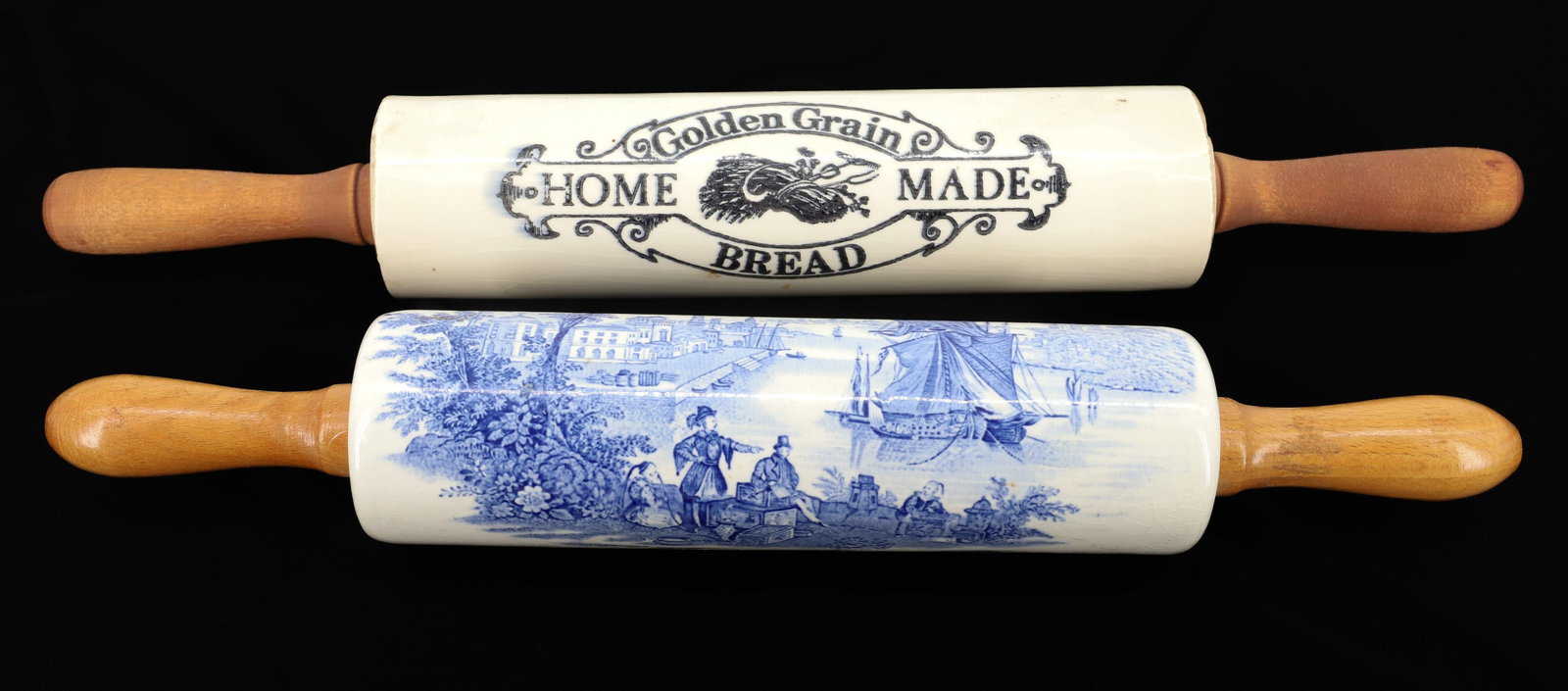 (2) PORCELAIN DECORATED ROLLING PINS: GOLDEN GRAIN HOMEMADE BREAD AND BLUE AND WHITE SAILING SHIP SCENE - 16" AND 19" PLEASE READ CAREFULLY - ITEMS MUST BE PAID FOR THROUGH LIVE AUCTIONEERS OR WITH CASH OR CHECK IN PERSON - Terms for Purc