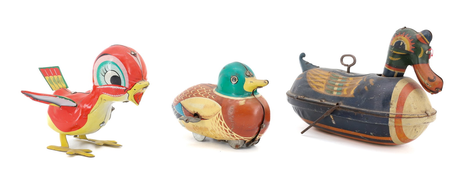 LOT OF TIN LITHO DUCK TOYS: (3) WIND-UP TOYS INCLUDING (2) DUCKS AND A BIRD - SMALL DUCK MADE IN JAPAN, BIRD MARKED; MIKUMI MADE IN JAPAN, LARGEST 7 1/4" PLEASE READ CAREFULLY - ITEMS MUST BE PAID FOR THROUGH LIVE AUCTIONEERS OR