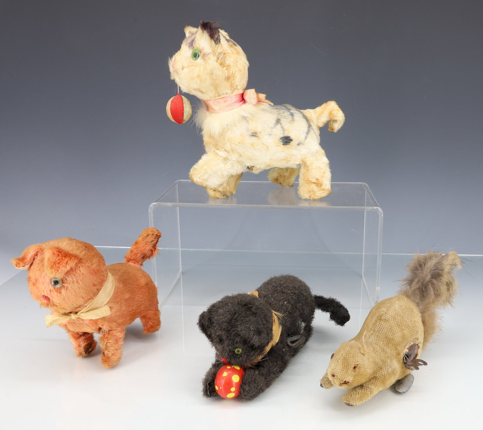 (4) VINTAGE WIND-UP TOYS: (3) CATS AND SQUIRREL - LARGEST 5 3/4" X 5 1/2" PLEASE READ CAREFULLY - ITEMS MUST BE PAID FOR THROUGH LIVE AUCTIONEERS OR WITH CASH OR CHECK IN PERSON - Terms for Purchasing and Shipping of Auction I