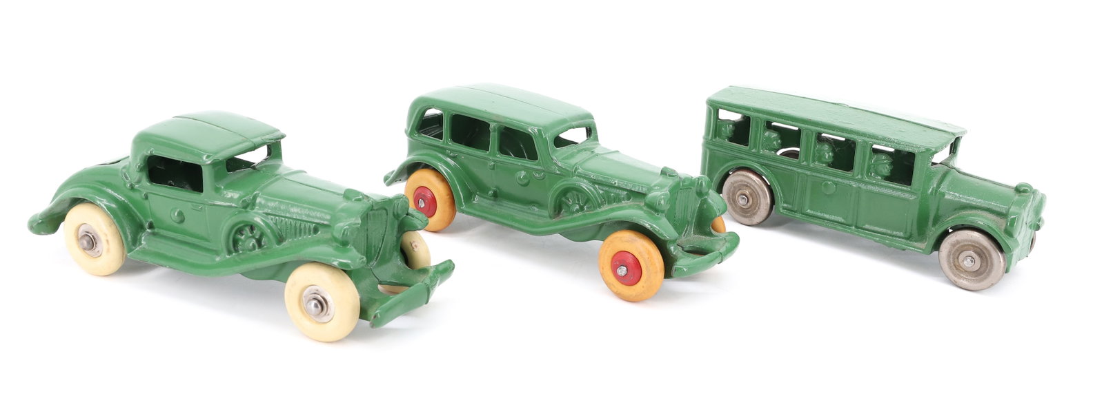 (3) VINTAGE PAINTED CAST IRON CARS: GREEN PAINTED SURFACES, UNMARKED - ONE WITH METAL TIRES - 6" TO 6 1/2" L PLEASE READ CAREFULLY - ITEMS MUST BE PAID FOR THROUGH LIVE AUCTIONEERS OR WITH CASH OR CHECK IN PERSON - Terms for Purchasing 