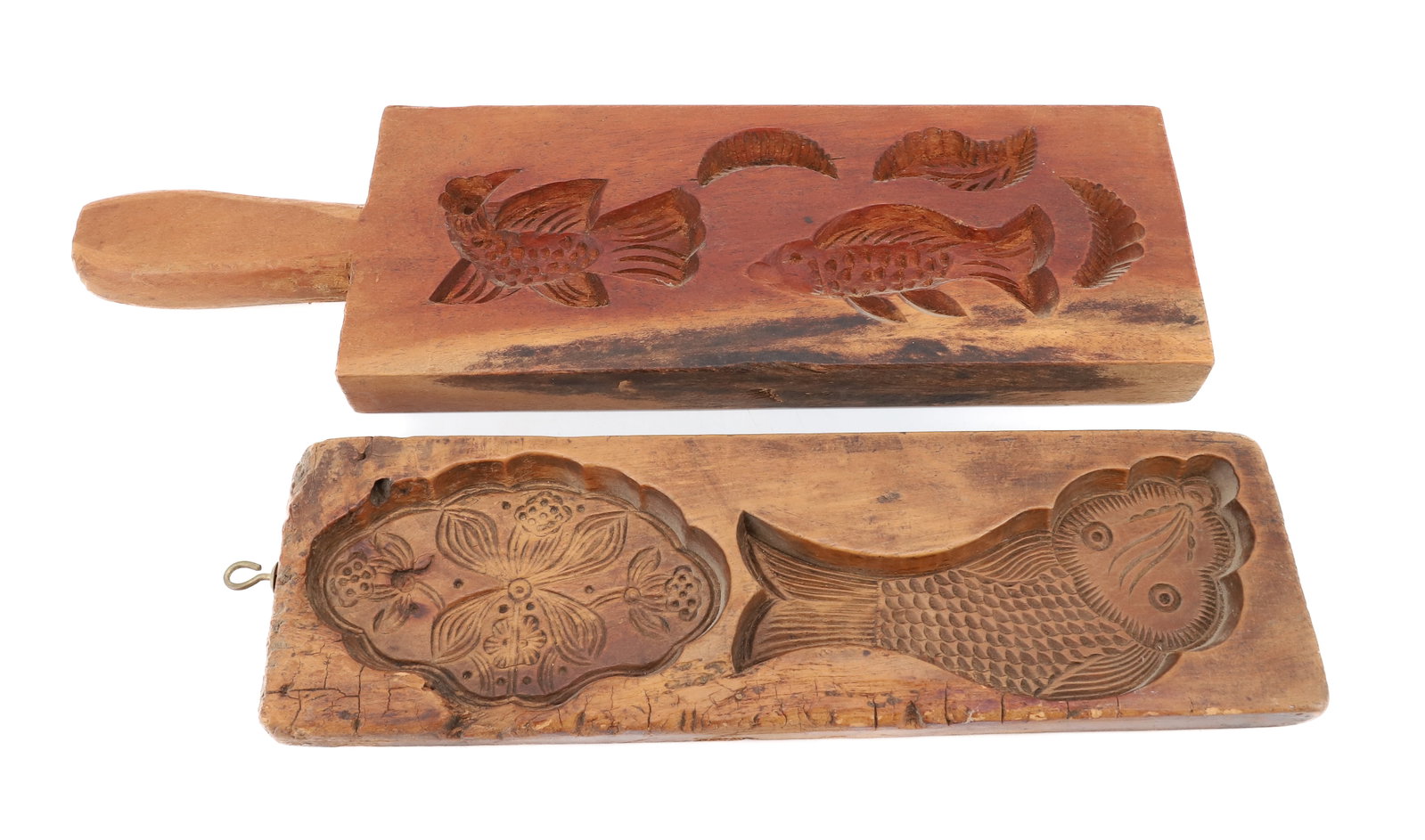 (2) CARVED MAPLE SUGAR MOLDS: FISH AND FLOWER MOTIFS, ONE WITH CARVED HANDLE - 12 1/4" TO 15" L PLEASE READ CAREFULLY - ITEMS MUST BE PAID FOR THROUGH LIVE AUCTIONEERS OR WITH CASH OR CHECK IN PERSON - Terms for Purchasing and Shi