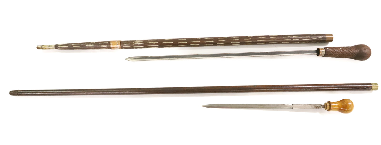 (2) ANTIQUE WALKING STICKS: SWORD CANE WITH 19" BLADE AND COPPER BANDING (UNMARKED) - SMOOTH SHAFTED WALKING STICK. LONGEST MEASURES 36 1/2" PLEASE READ CAREFULLY - ITEMS MUST BE PAID FOR THROUGH LIVE AUCTIONEERS OR WITH CASH OR