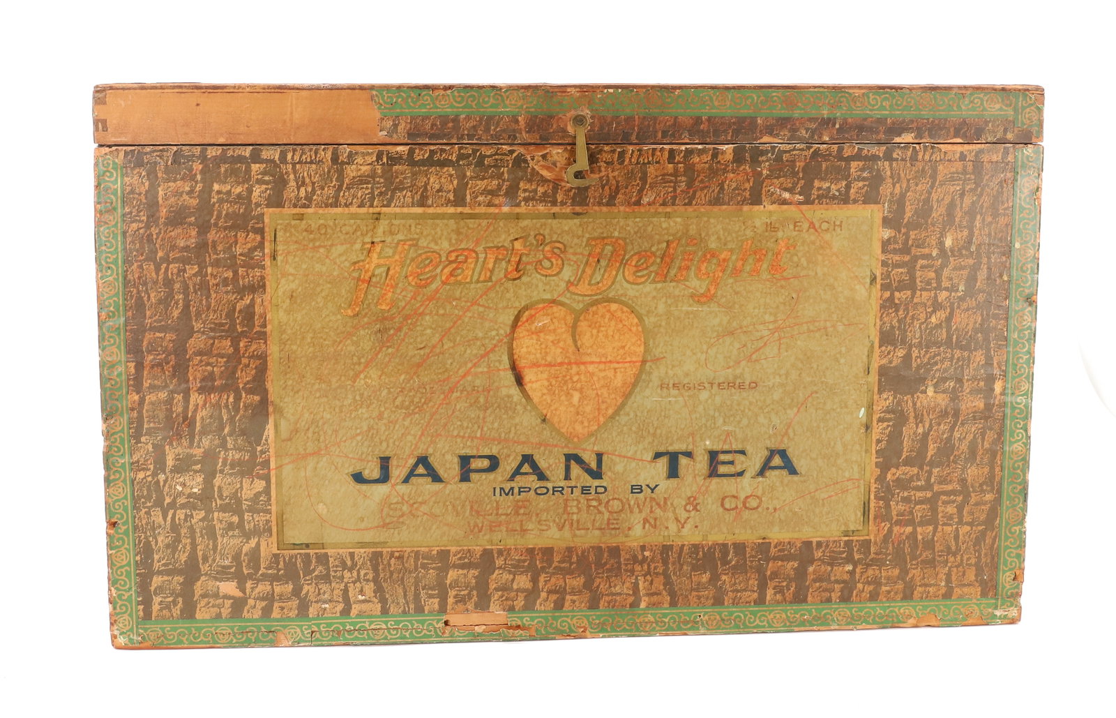 JAPAN TEA ADVERTISING BOX: PAPER LITHO EXTERIOR, MARKED; HEART'S DELIGHT - WELLSVILLE, NY - HINGED LID WITH INTERIOR LABEL, METAL LINED - 11" X 18" X 9 1/2" PLEASE READ CAREFULLY - ITEMS MUST BE PAID FOR THROUGH LIVE AUCTIONEER