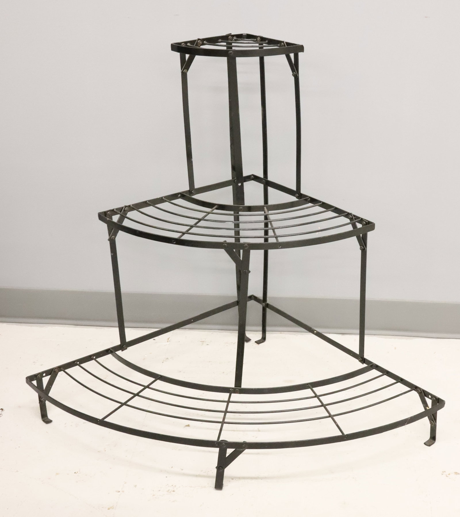 PAINTED METAL PLANT STAND: 3 TIER, BLACK PAINTED SURFACE, 29" X 33" X 23" PLEASE READ CAREFULLY - ITEMS MUST BE PAID FOR THROUGH LIVE AUCTIONEERS OR WITH CASH OR CHECK IN PERSON - Terms for Purchasing and Shipping of Auction It
