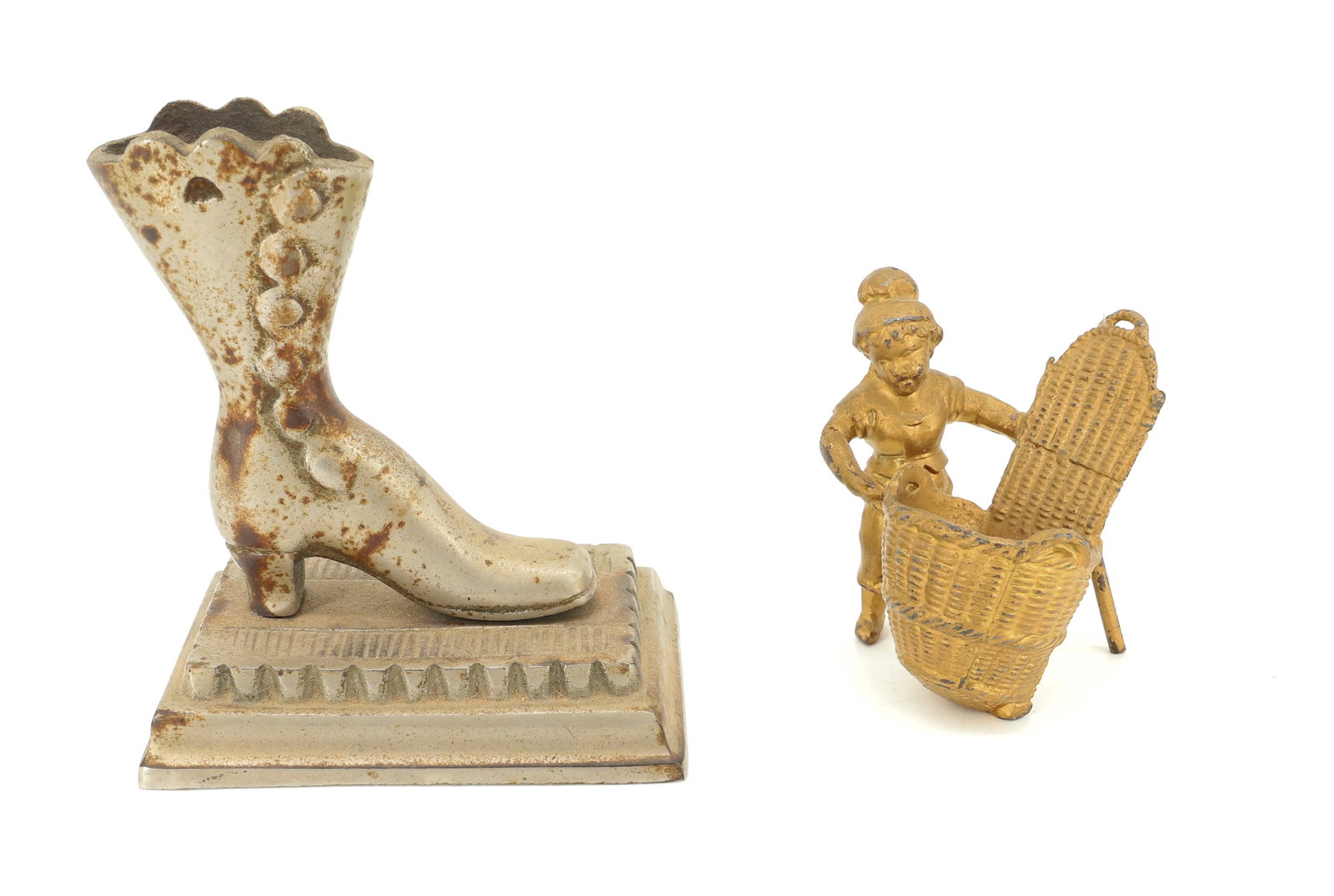 (2) TABLE TOP MATCH HOLDERS: VICTORIAN BOOT IN NICKEL OVER IRON 5" H - GOLD PAINTED WOMAN WITH BASKET 3 1/2" H PLEASE READ CAREFULLY - ITEMS MUST BE PAID FOR THROUGH LIVE AUCTIONEERS OR WITH CASH OR CHECK IN PERSON - Terms for Pu