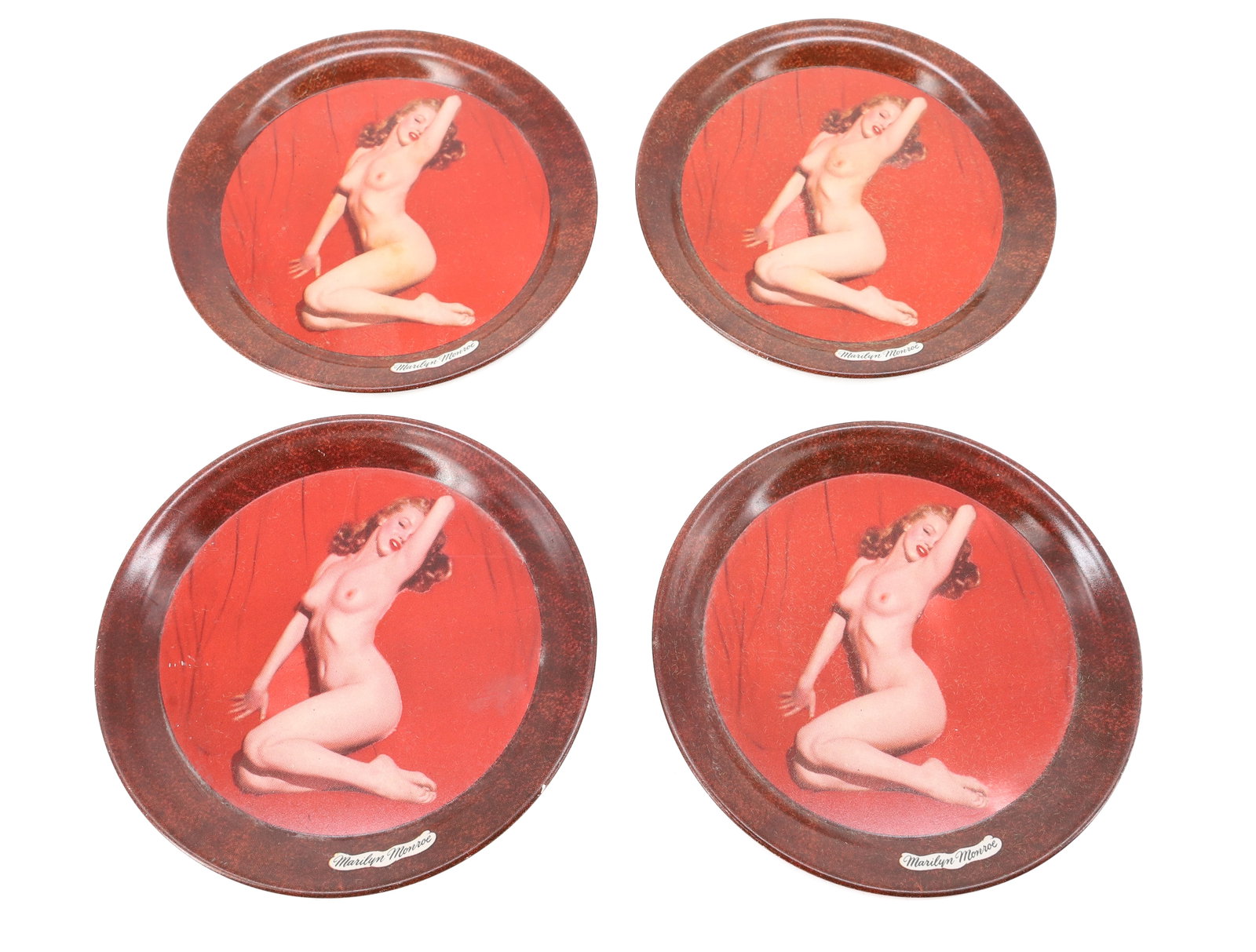 (4) MARILYN MONROE TIN LITHO COASTERS: FELT ON BOTTOMS. 4" D. PLEASE READ CAREFULLY - ITEMS MUST BE PAID FOR THROUGH LIVE AUCTIONEERS OR WITH CASH OR CHECK IN PERSON - Terms for Purchasing and Shipping of Auction Items. Please read careful