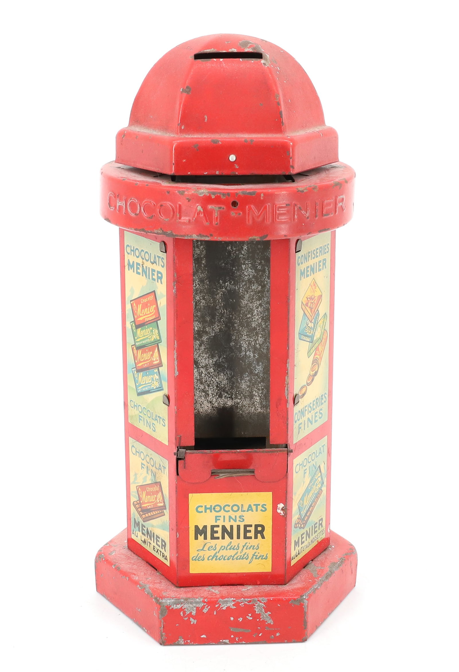 PAINTED TIN "CHOCOLAT MENIER" VENDING BANK (1 of 6)