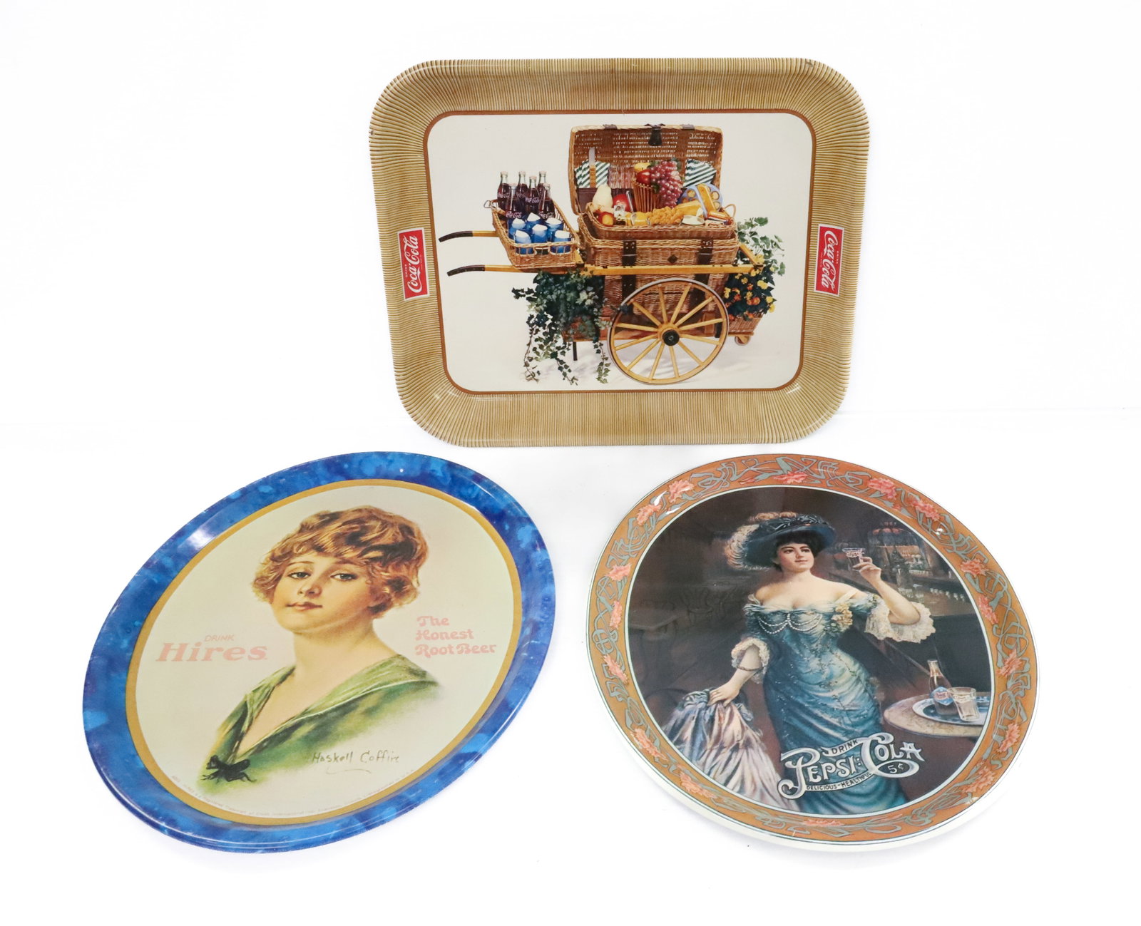 (3) ADVERTISING TRAYS: HIRES, PEPSI AND VINTAGE COCA-COLA (10 1/2" X 13 1/4"). PLEASE READ CAREFULLY - ITEMS MUST BE PAID FOR THROUGH LIVE AUCTIONEERS OR WITH CASH OR CHECK IN PERSON - Terms for Purchasing and Shipping of A