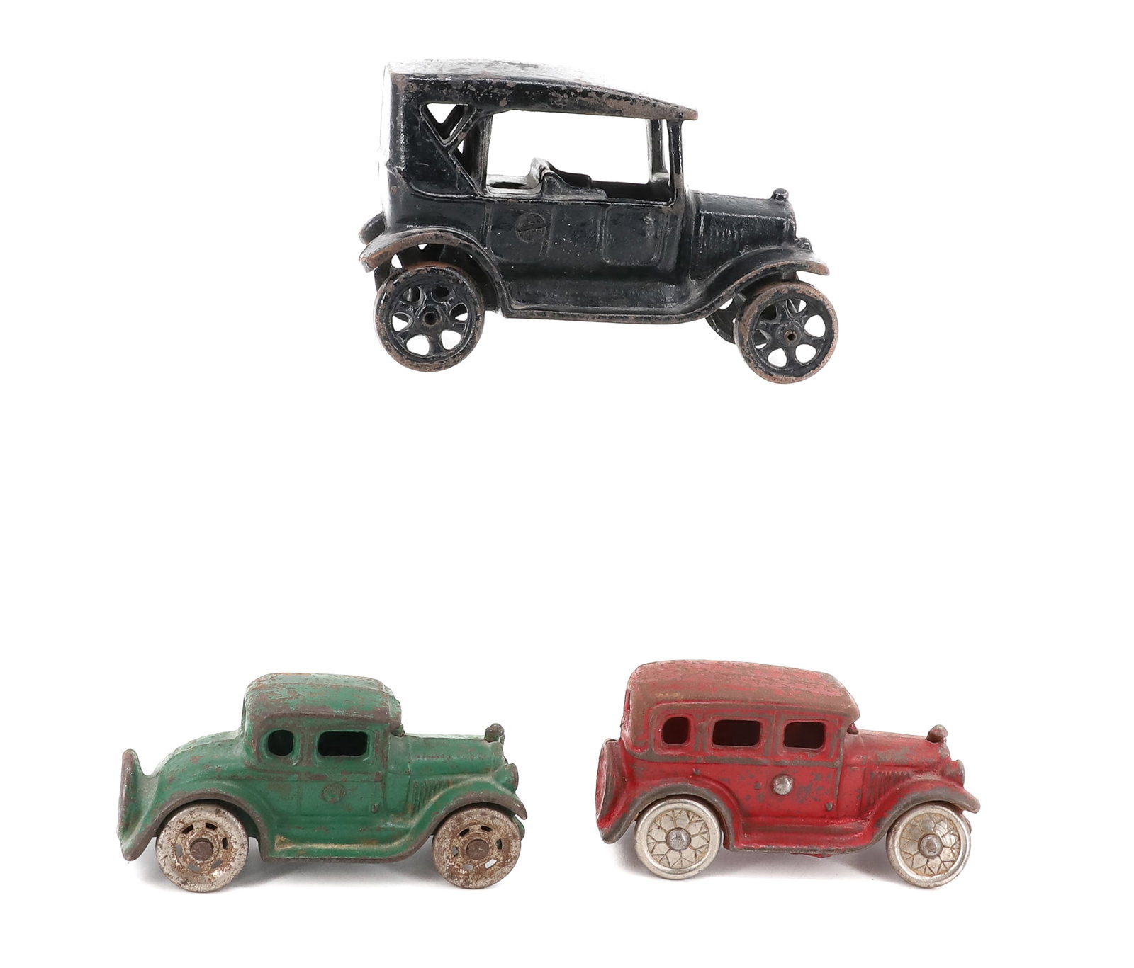 LOT OF (3) CAST IRON TOY CARS: BLACK / RED / GREEN PAINTED SURFACES. 4 1/8" TO 6" LENGTHS. PLEASE READ CAREFULLY - ITEMS MUST BE PAID FOR THROUGH LIVE AUCTIONEERS OR WITH CASH OR CHECK IN PERSON - Terms for Purchasing and Shipping 