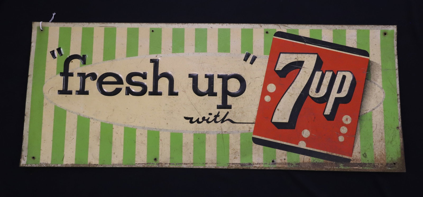 "FRESH UP, 7UP" ADVERTISING SIGN: TIN LITHO ADVERTISING SIGN. 11 3/4" X 30". PLEASE READ CAREFULLY - ITEMS MUST BE PAID FOR THROUGH LIVE AUCTIONEERS OR WITH CASH OR CHECK IN PERSON - Terms for Purchasing and Shipping of Auction Items.