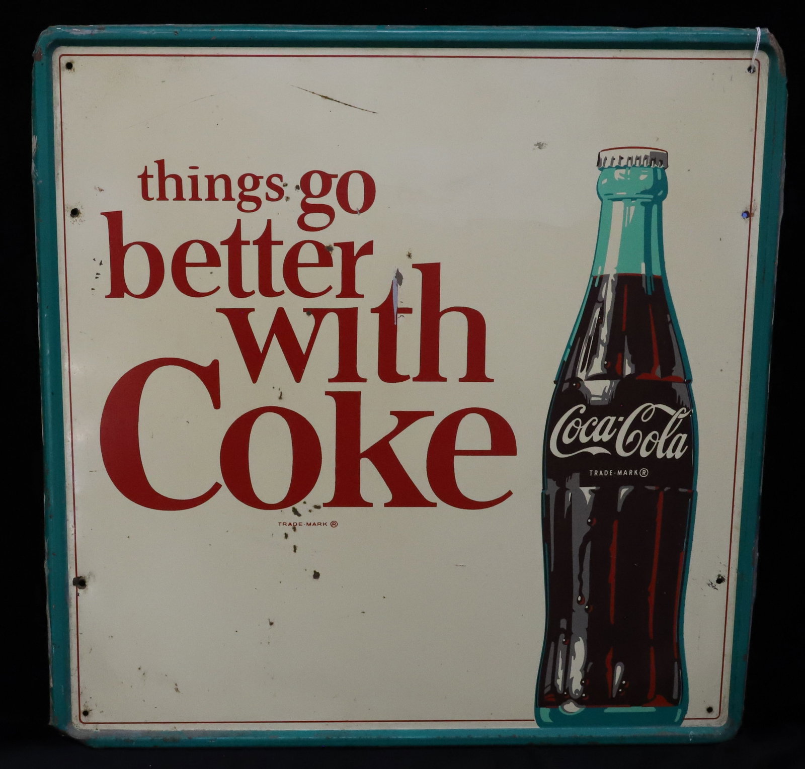 "THINGS GO BETTER WITH COKE" ADVERTISING SIGN: PAINTED METAL COCA-COLA SIGN. 23 1/4" X 23 1/4". PLEASE READ CAREFULLY - ITEMS MUST BE PAID FOR THROUGH LIVE AUCTIONEERS OR WITH CASH OR CHECK IN PERSON - Terms for Purchasing and Shipping of Auction 