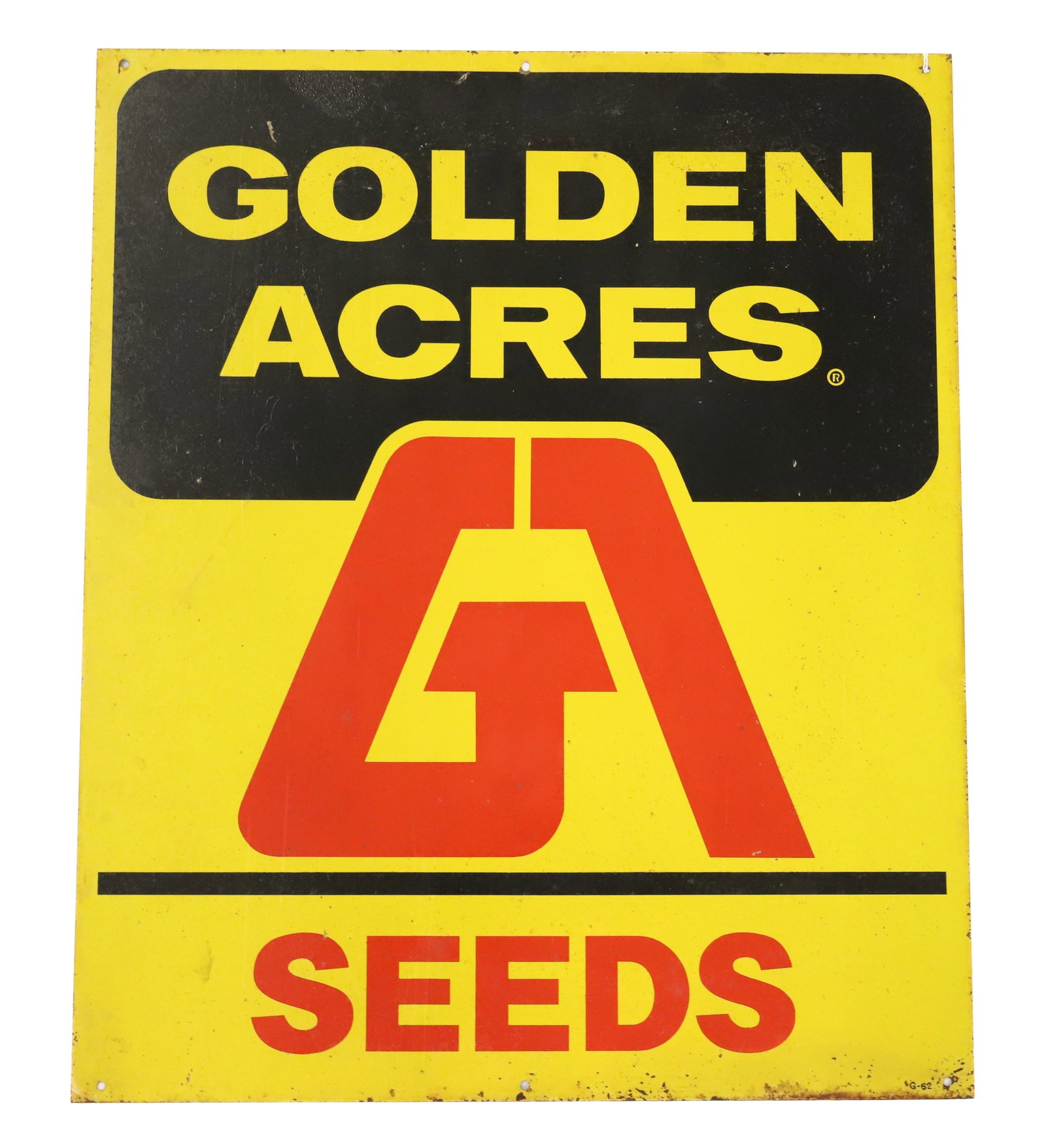 "GOLDEN ACRES SEEDS" ADVERTISING SIGN: PAINTED METAL IN BLACK / YELLOW / RED. 24" X 20". PLEASE READ CAREFULLY - ITEMS MUST BE PAID FOR THROUGH LIVE AUCTIONEERS OR WITH CASH OR CHECK IN PERSON - Terms for Purchasing and Shipping of Auction