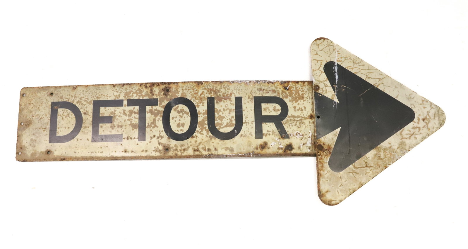 "DETOUR" CONSTRUCTION SIGN: PAINTED HEAVY METAL WITH ATTACHED ARROW. 50" L. PLEASE READ CAREFULLY - ITEMS MUST BE PAID FOR THROUGH LIVE AUCTIONEERS OR WITH CASH OR CHECK IN PERSON - Terms for Purchasing and Shipping of Auction I