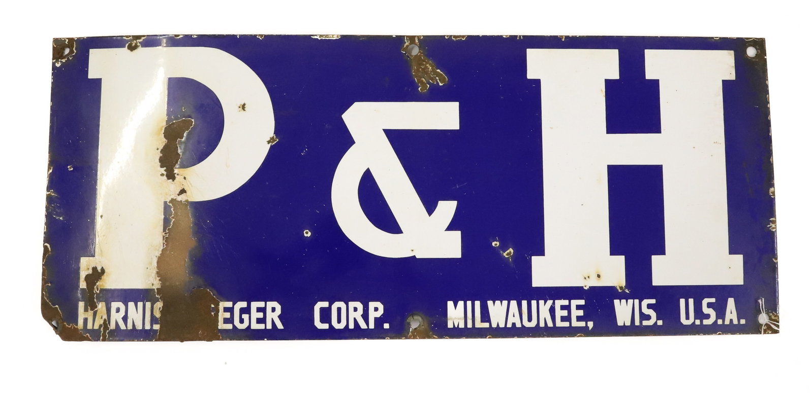 "P & H" PORCELAIN SIGN, (CRANES): BLUE / WHITE PORCELAIN "HARNISCHFEGER CORP. MILWAUKEE, WIS, USA" 13" X 31 1/2". PLEASE READ CAREFULLY - ITEMS MUST BE PAID FOR THROUGH LIVE AUCTIONEERS OR WITH CASH OR CHECK IN PERSON - Terms for Purc