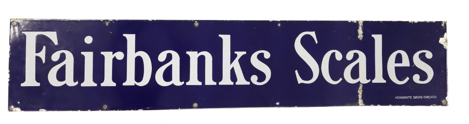 "FAIRBANKS SCALES" PORCELAIN SIGN: BLUE / WHITE ADVERTISING SIGN. MRKD. "VERIBRITE SIGNS CHICAGO" 9" X 45". PLEASE READ CAREFULLY - ITEMS MUST BE PAID FOR THROUGH LIVE AUCTIONEERS OR WITH CASH OR CHECK IN PERSON - Terms for Purchasing 