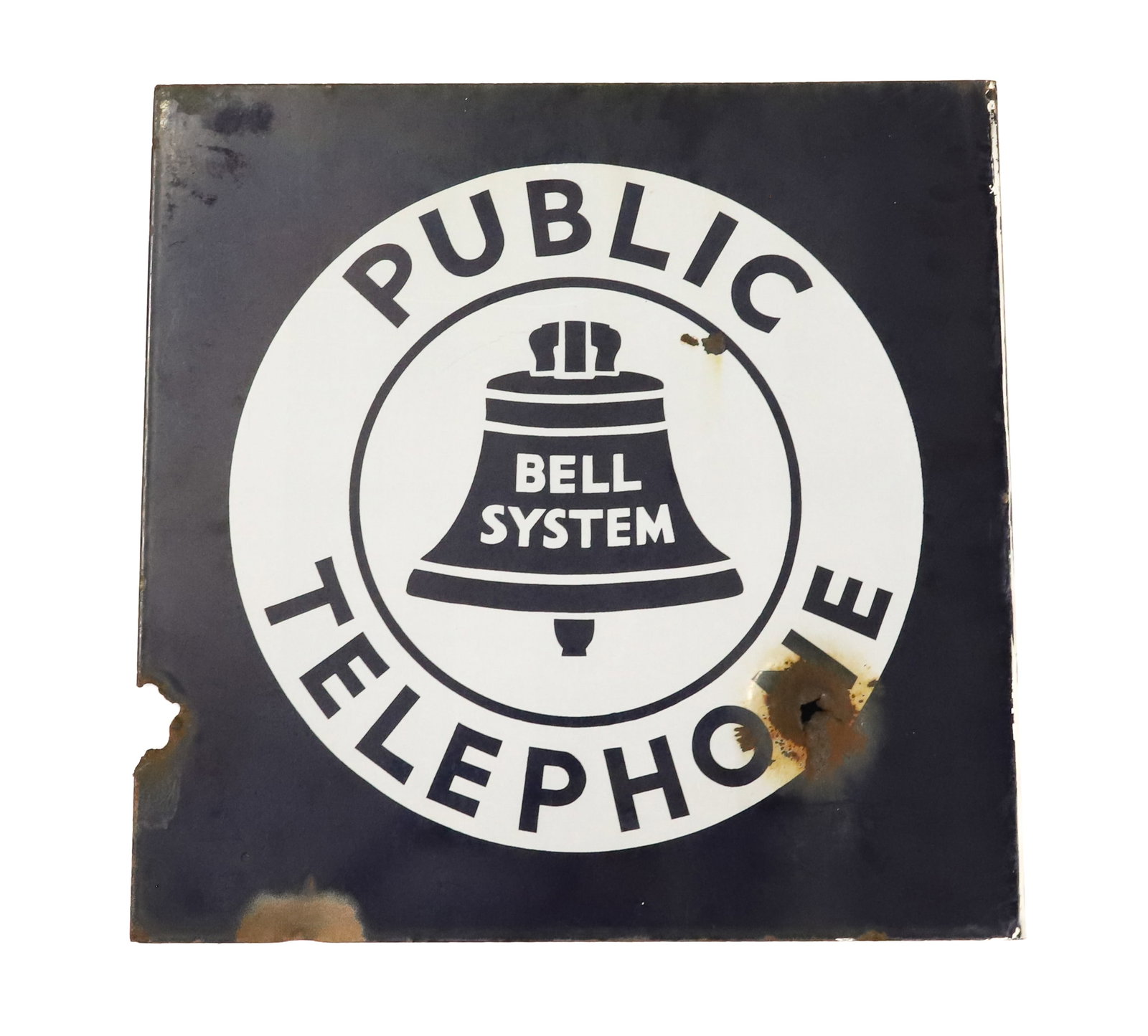 "BELL SYSTEM PUBLIC TELEPHONE" FLANGE SIGN: PORCELAIN DOUBLE-SIDE TELEPHONE SIGN IN BLUE / WHITE. 18" X 18". PLEASE READ CAREFULLY - ITEMS MUST BE PAID FOR THROUGH LIVE AUCTIONEERS OR WITH CASH OR CHECK IN PERSON - Terms for Purchasing and Ship