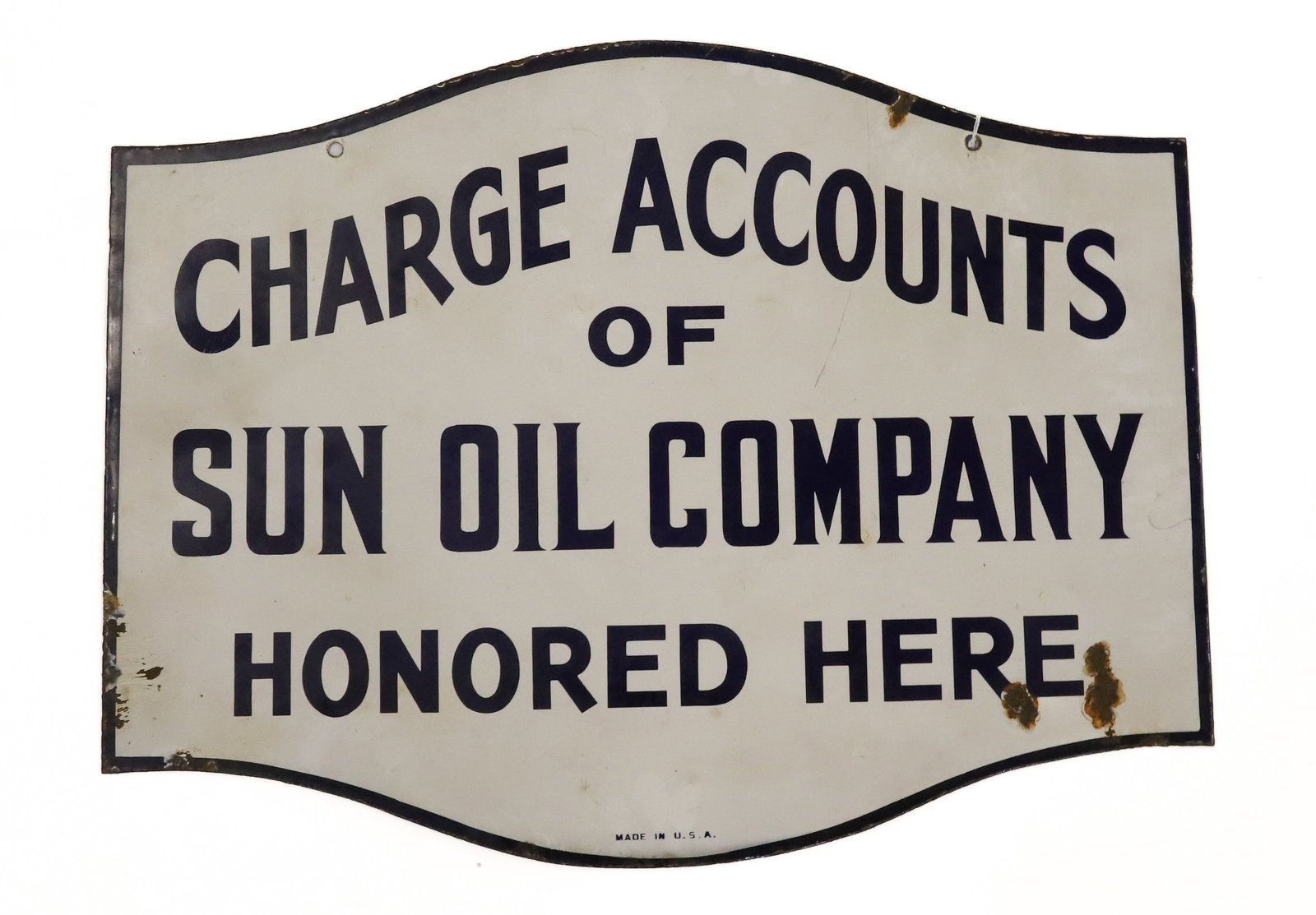 "SUN OIL COMPANY" PORCELAIN ADVERTISING SIGN: DOUBLE-SIDED "CHARGE ACCOUNTS OF SUN OIL COMPANY HONORED HERE, MADE IN U.S.A." 18" X 23 3/4". PLEASE READ CAREFULLY - ITEMS MUST BE PAID FOR THROUGH LIVE AUCTIONEERS OR WITH CASH OR CHECK IN PERSON - 