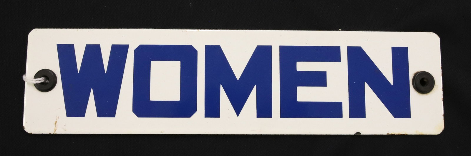 "WOMEN" BATHROOM SIGN: BLUE / WHITE PORCELAIN. 2" X 8". PLEASE READ CAREFULLY - ITEMS MUST BE PAID FOR THROUGH LIVE AUCTIONEERS OR WITH CASH OR CHECK IN PERSON - Terms for Purchasing and Shipping of Auction Items. Please re