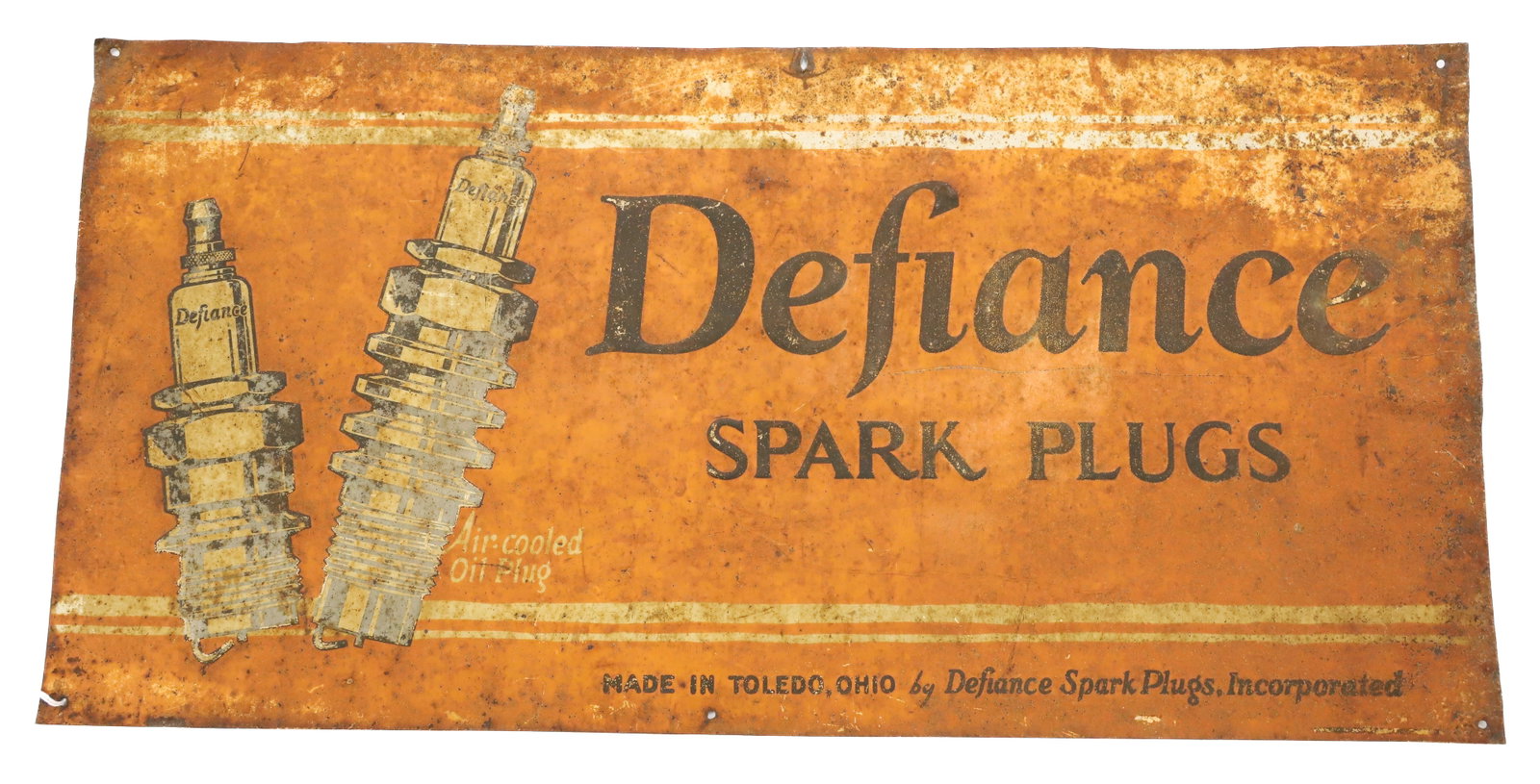"DEFIANCE SPARK PLUGS" ADVERTISING SIGN: PAINTED METAL "AIR-COOLED OIL PLUG". MRKD. "MADE IN TOLEDO, OHIO" 11 1/2" X 23 1/2". PLEASE READ CAREFULLY - ITEMS MUST BE PAID FOR THROUGH LIVE AUCTIONEERS OR WITH CASH OR CHECK IN PERSON - Terms for