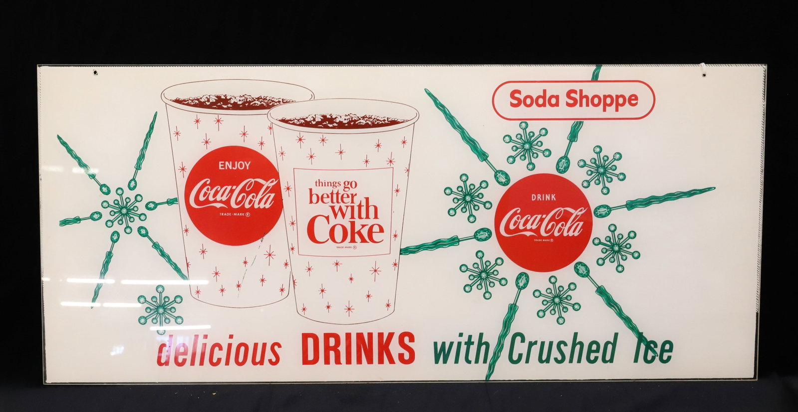 VINTAGE LUCITE "COCA-COLA" SIGN: "DELICIOUS DRINKS WITH CRUSHED ICE" 13" X 29 3/4". PLEASE READ CAREFULLY - ITEMS MUST BE PAID FOR THROUGH LIVE AUCTIONEERS OR WITH CASH OR CHECK IN PERSON - Terms for Purchasing and Shipping of Auctio