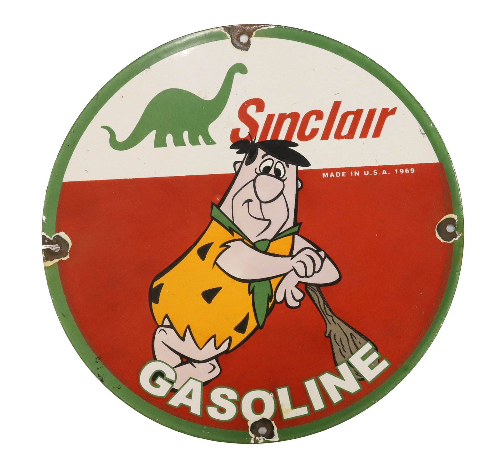 "SINCLAIR GASOLINE" PORCELAIN SIGN: SINCLAIR AND FRED FLINTSTONE. MRKD. "MADE IN U.S.A. 1969" 12" D. PLEASE READ CAREFULLY - ITEMS MUST BE PAID FOR THROUGH LIVE AUCTIONEERS OR WITH CASH OR CHECK IN PERSON - Terms for Purchasing and Ship