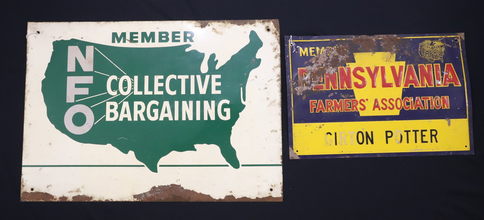 (2) VINTAGE METAL SIGNS: INCLUDING: PENNSYLVANIA FARMERS' ASSOCIATION 9 1/4" X 14". WITH, DOUBLE SIDED "MEMBER NFO COLLECTIVE BARGAINING" 14" X 20". PLEASE READ CAREFULLY - ITEMS MUST BE PAID FOR THROUGH LIVE AUCTIONEERS OR W
