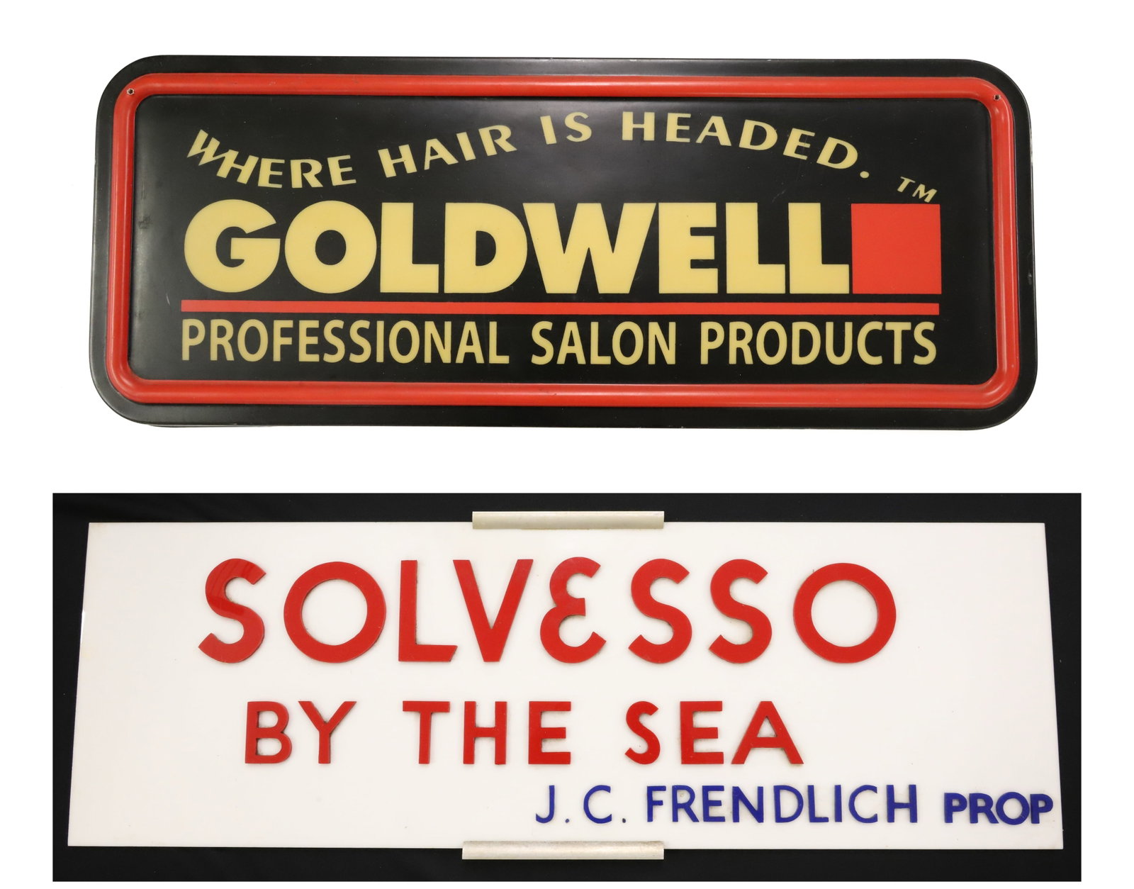 (2) VINTAGE ADVERTISING SIGNS: MOLDED PLASTIC WITH APPLIED LETTERS "SOLVESSO BY THE SEA" 8" X 24". WITH, "GOLDWELL" SALON PRODUCTS INSERT. PLEASE READ CAREFULLY - ITEMS MUST BE PAID FOR THROUGH LIVE AUCTIONEERS OR WITH CASH OR CHEC