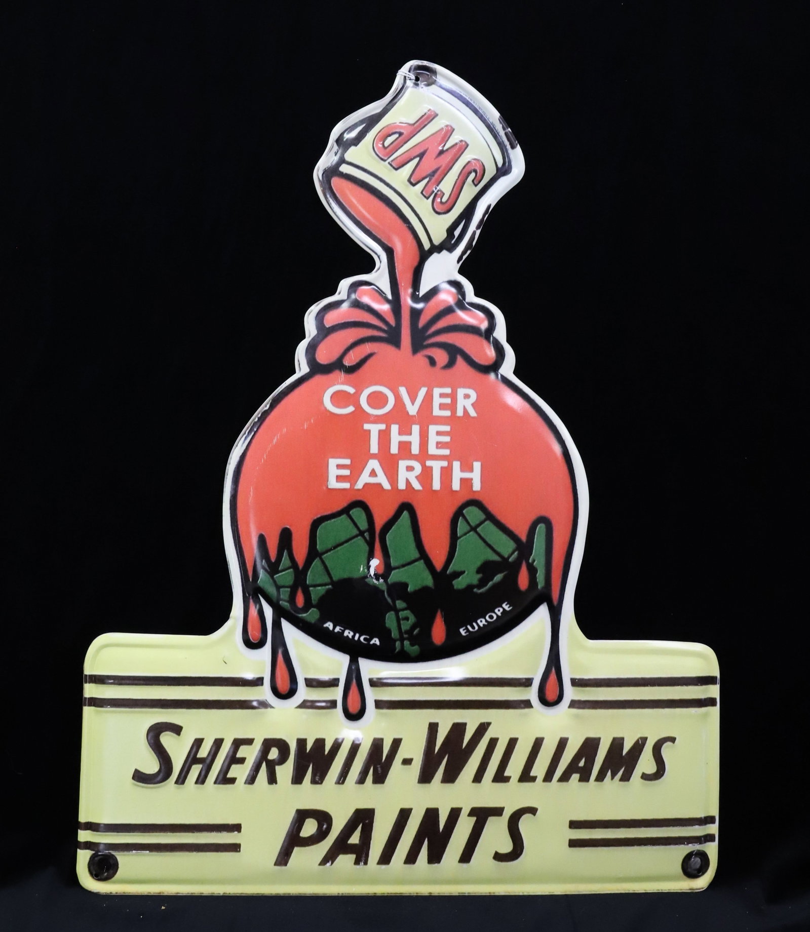 SHERWIN-WILLIAMS PAINTS ADVERTISING SIGN: PAINTED METAL "COVER THE EARTH". CONTEMPORARY. 23" H. PLEASE READ CAREFULLY - ITEMS MUST BE PAID FOR THROUGH LIVE AUCTIONEERS OR WITH CASH OR CHECK IN PERSON - Terms for Purchasing and Shipping of Auc