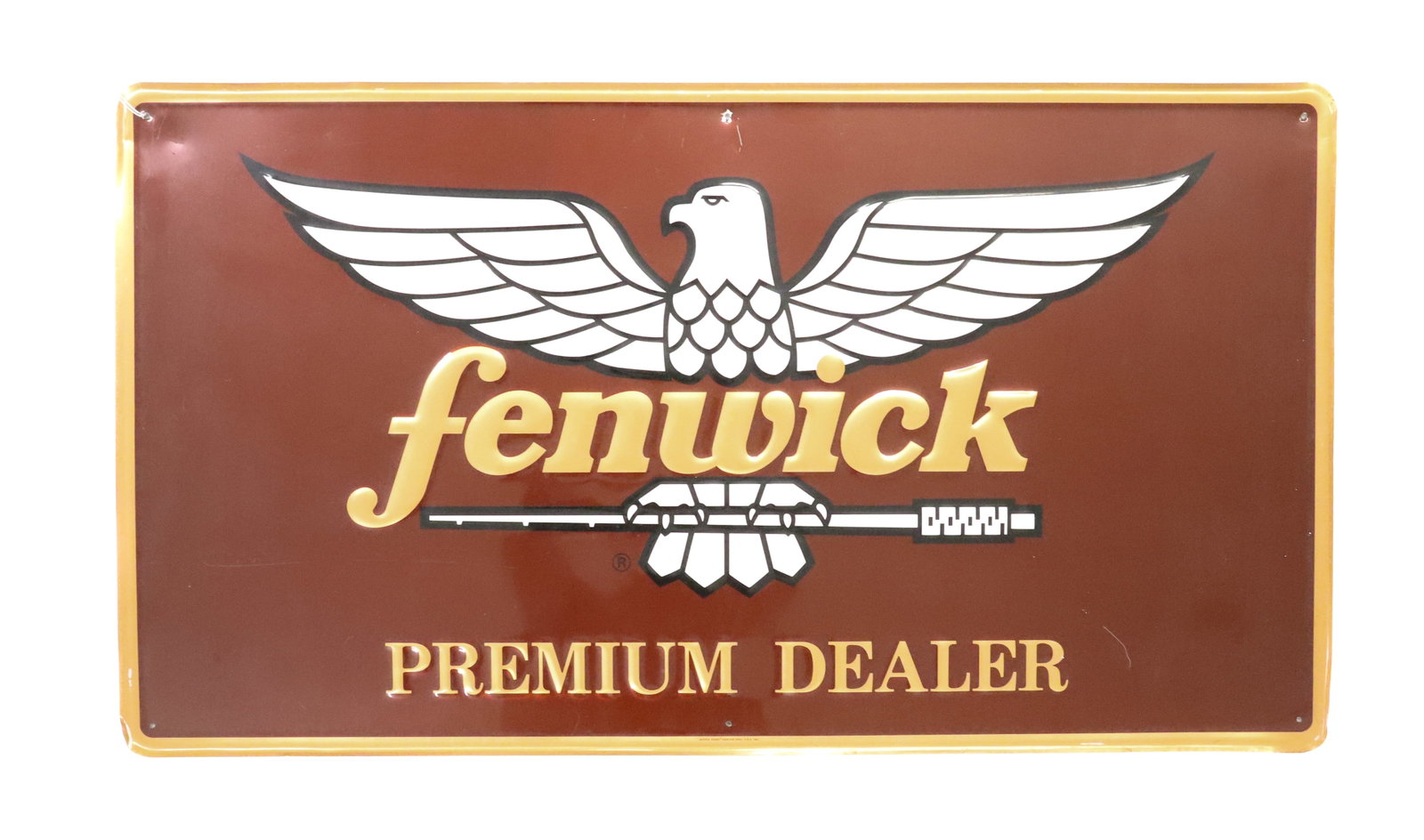"FENWICK" ADVERTISING SIGN, TACKLE: PAINTED EMBOSSED METAL. "PREMIUM DEALER". 19 1/2" X 35 3/4". PLEASE READ CAREFULLY - ITEMS MUST BE PAID FOR THROUGH LIVE AUCTIONEERS OR WITH CASH OR CHECK IN PERSON - Terms for Purchasing and Shipping