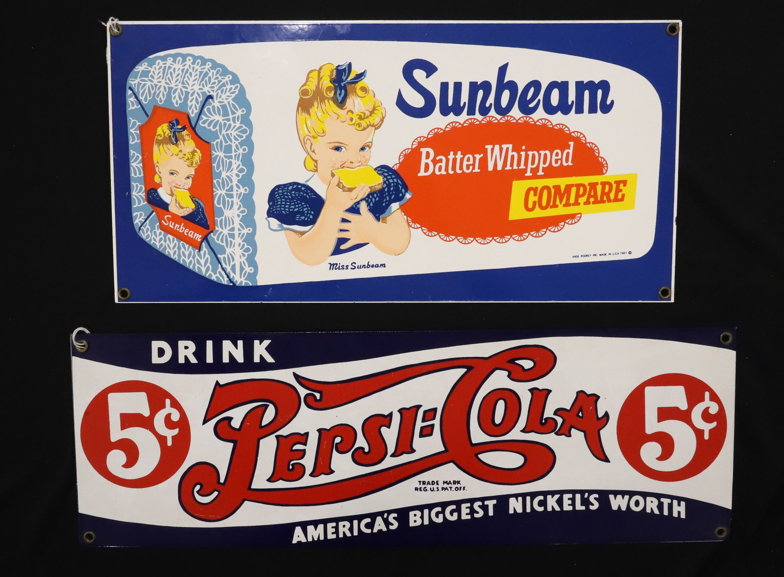(2) PORCELAIN ADVERTISING SIGNS: "SUNBEAM BATTERED WHIP" BREAD (ANDE ROONEY, 1987) 7 1/2" X 15". "DRINK PEPSI-COLA" 6" X 18". BOTH CONTEMPORARY. PLEASE READ CAREFULLY - ITEMS MUST BE PAID FOR THROUGH LIVE AUCTIONEERS OR WITH CASH OR 