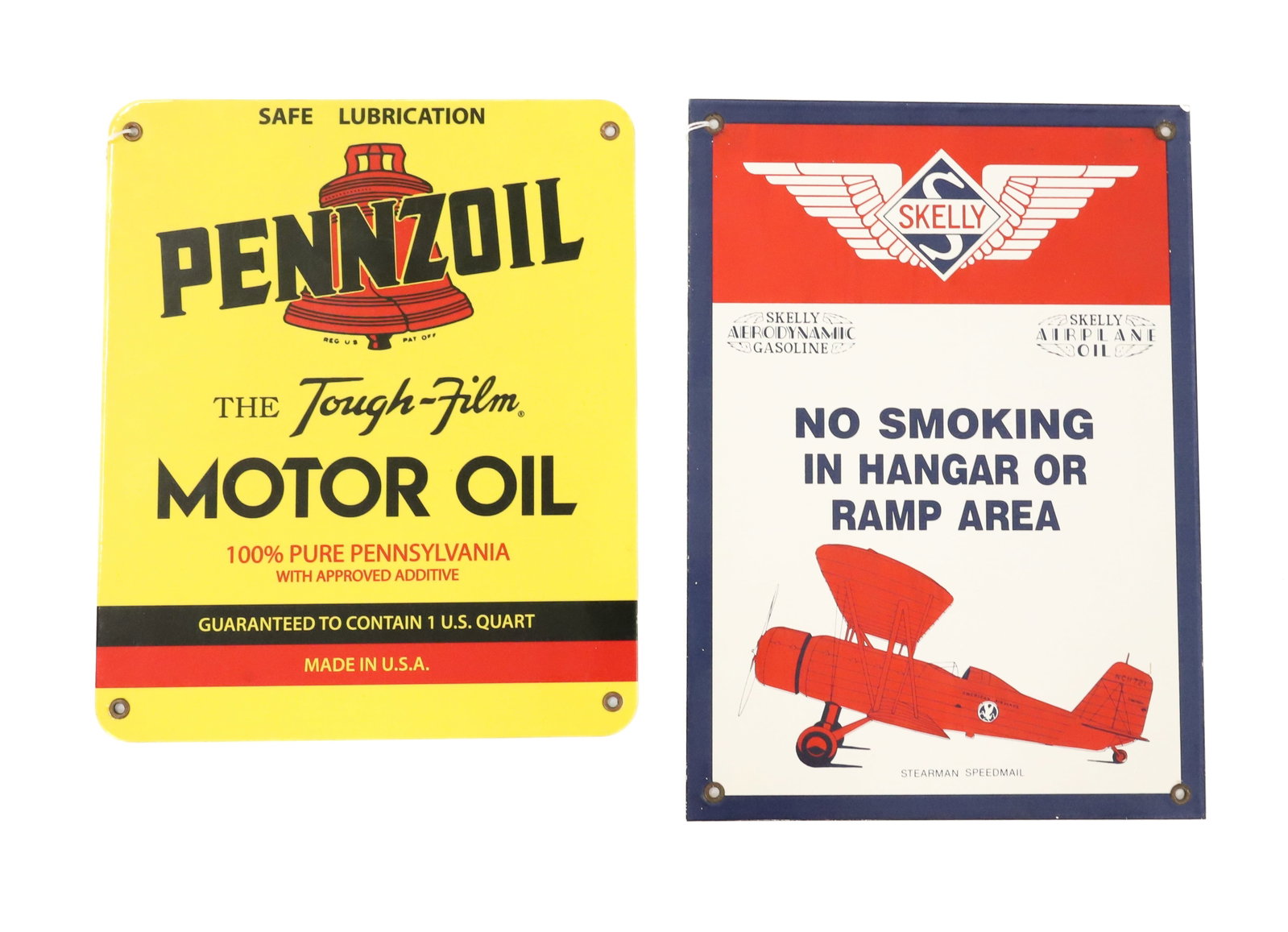 (2) PORCELAIN OIL ADVERTISING SIGNS: "PENNZOIL" AND "SKELLY AIRPLANE OIL" 14" X 10". BOTH CONTEMPORARY. PLEASE READ CAREFULLY - ITEMS MUST BE PAID FOR THROUGH LIVE AUCTIONEERS OR WITH CASH OR CHECK IN PERSON - Terms for Purchasing and Sh