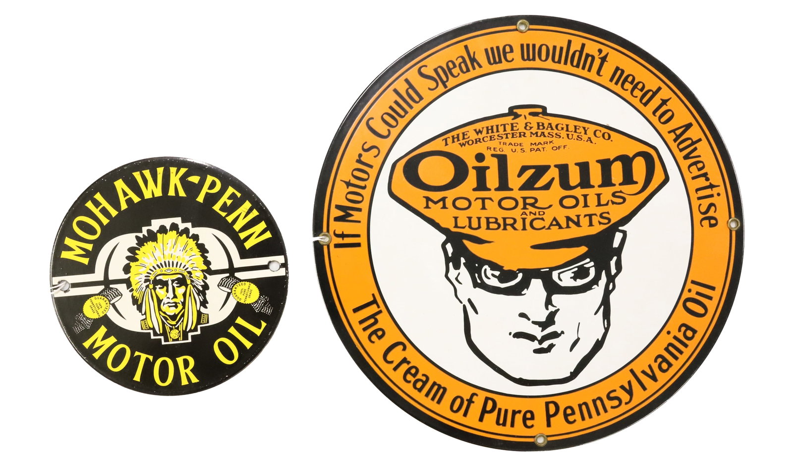 (2) PORCELAIN OIL ADVERTISING SIGNS: "OILZUM" 11 1/4" D. AND "MOHAWK-PENN" 6" D. BOTH CONTEMPORARY. PLEASE READ CAREFULLY - ITEMS MUST BE PAID FOR THROUGH LIVE AUCTIONEERS OR WITH CASH OR CHECK IN PERSON - Terms for Purchasing and Shippi