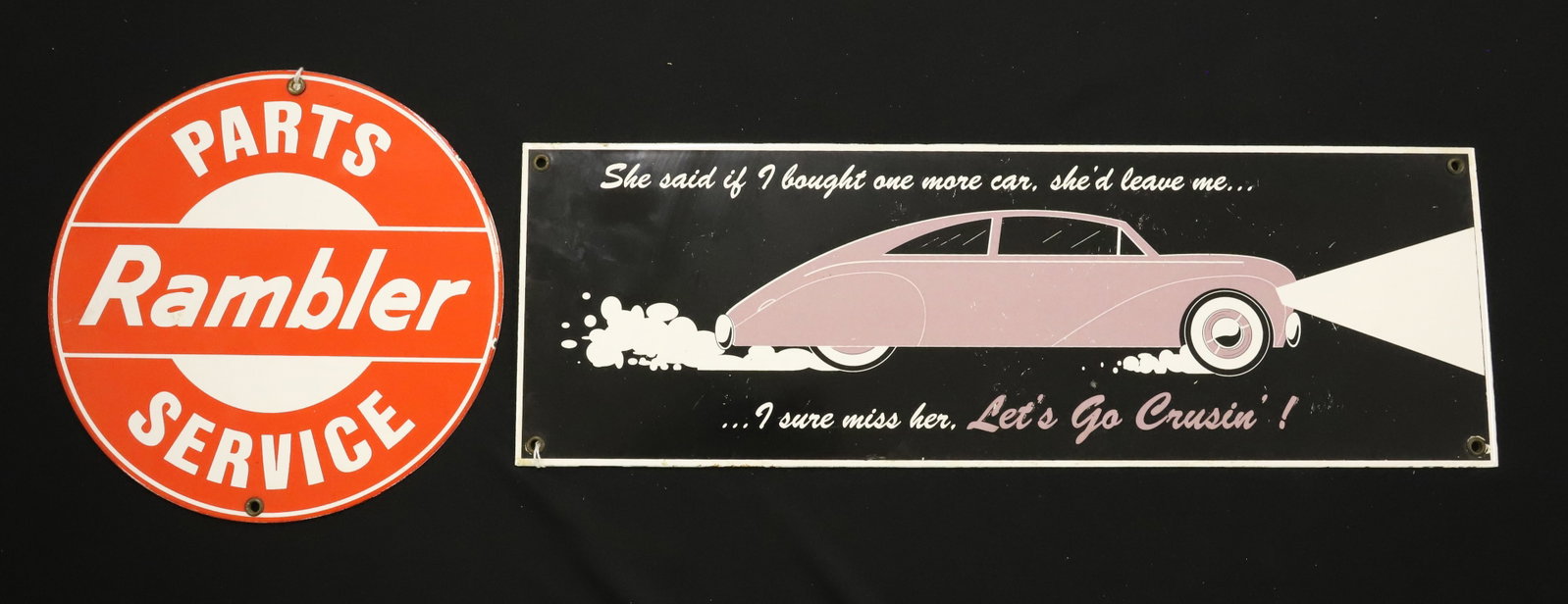 (2) PORCELAIN ADVERTISING SIGNS: "RAMBLER, PARTS / SERVICE" 8 1/4" D. WITH, PORCELAIN "MOTTO" SIGN. 6" X 18". BOTH CONTEMPORARY. PLEASE READ CAREFULLY - ITEMS MUST BE PAID FOR THROUGH LIVE AUCTIONEERS OR WITH CASH OR CHECK IN PERSON 