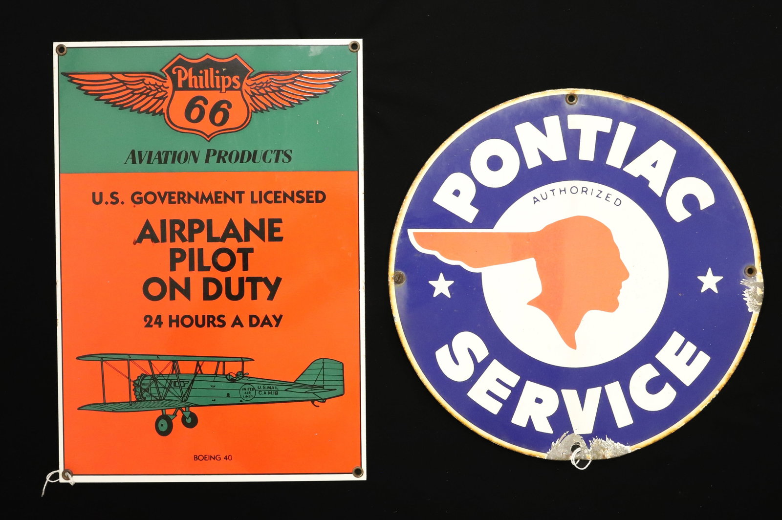 (2) PORCELAIN ADVERTISING SIGNS: "PHILLIPS 66 AVIATION PRODUCTS" 13 1/4" X 9 1/4". WITH, "PONTIAC SERVICE" 11 1/4" D. BOTH CONTEMPORARY. PLEASE READ CAREFULLY - ITEMS MUST BE PAID FOR THROUGH LIVE AUCTIONEERS OR WITH CASH OR CHECK IN