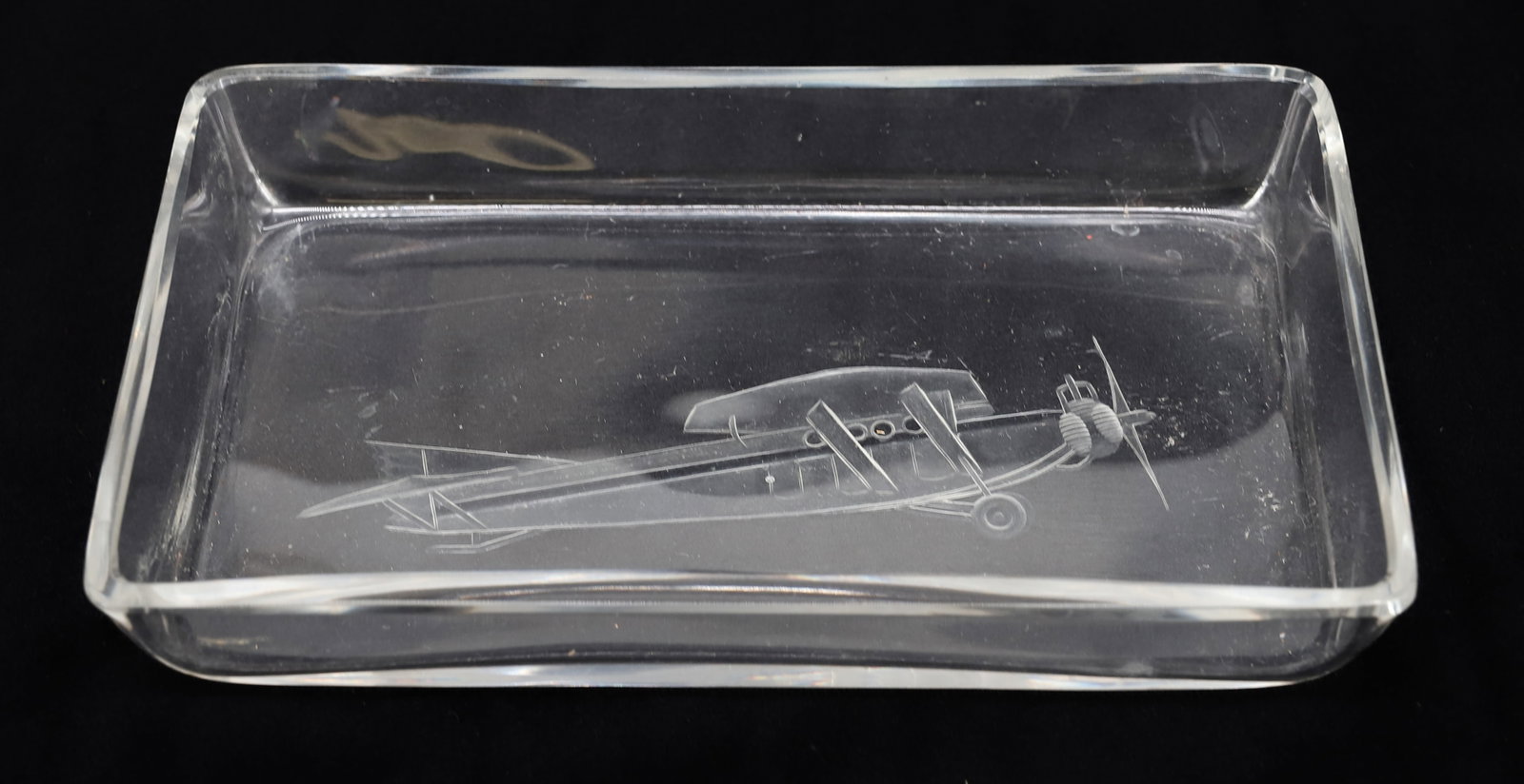BACCARAT ENGRAVED AIRPLANE BOWL: DETAILED ENGRAVING OF A SINGLE PROP PLANE IN FITTED BOX MARKED BACCARAT 3 1/4"X 5 3/8" PLEASE READ CAREFULLY - ITEMS MUST BE PAID FOR THROUGH LIVE AUCTIONEERS OR WITH CASH OR CHECK IN PERSON - Terms f