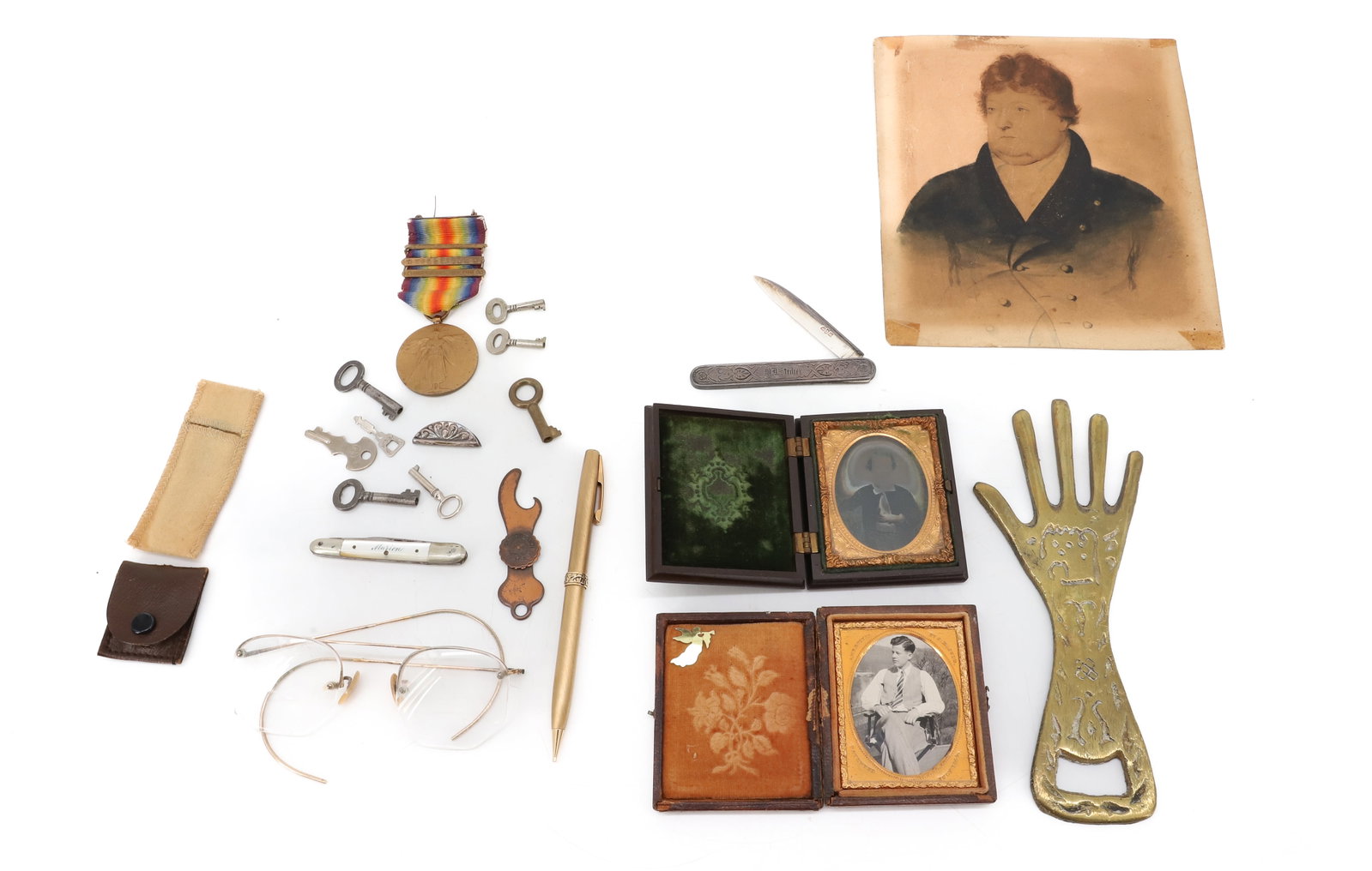 GORHAM COIN SILVER FRUIT KNIFE LOT: FOLDING FRUIT KNIFE GORHAM COIN SILVER, THERMO PLASTIC PHOTO CASE WITH TINTYPE, EARLY INK/WATERCOLOR GENTLEMANS PORTRAIT, SMALL BOX KEYS ONE BRASS, SHEAFFER MECHANICAL PENCIL, WWI VICTORY MEDAL AND BR
